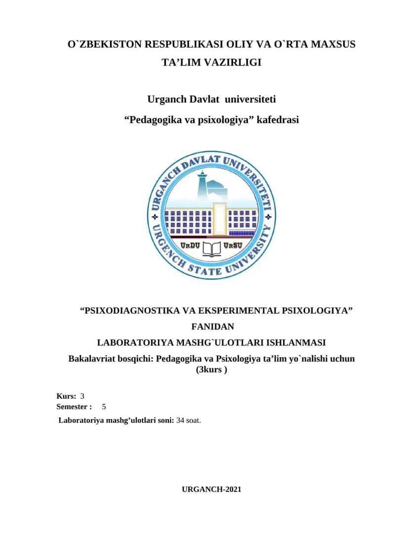 Psixodiagnostika va ekspremental pedagogika Laboratoriya Mashg'ulotlari Ishlanmasi 1