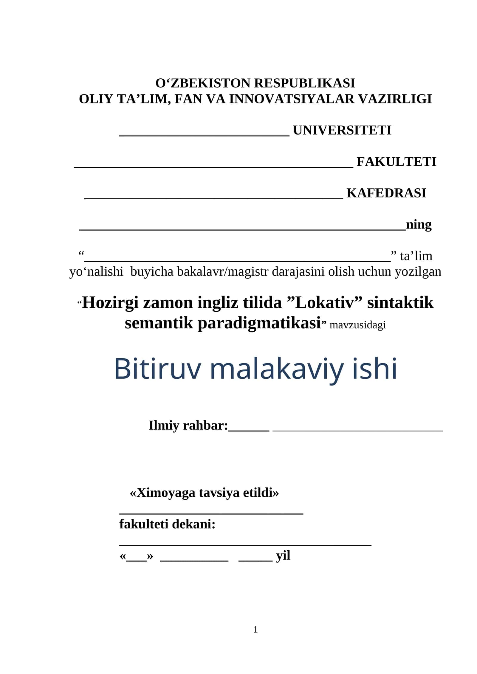 Hozirgi zamon ingliz tilida ”Lokativ” sintaktik semantik paradigmatikasi