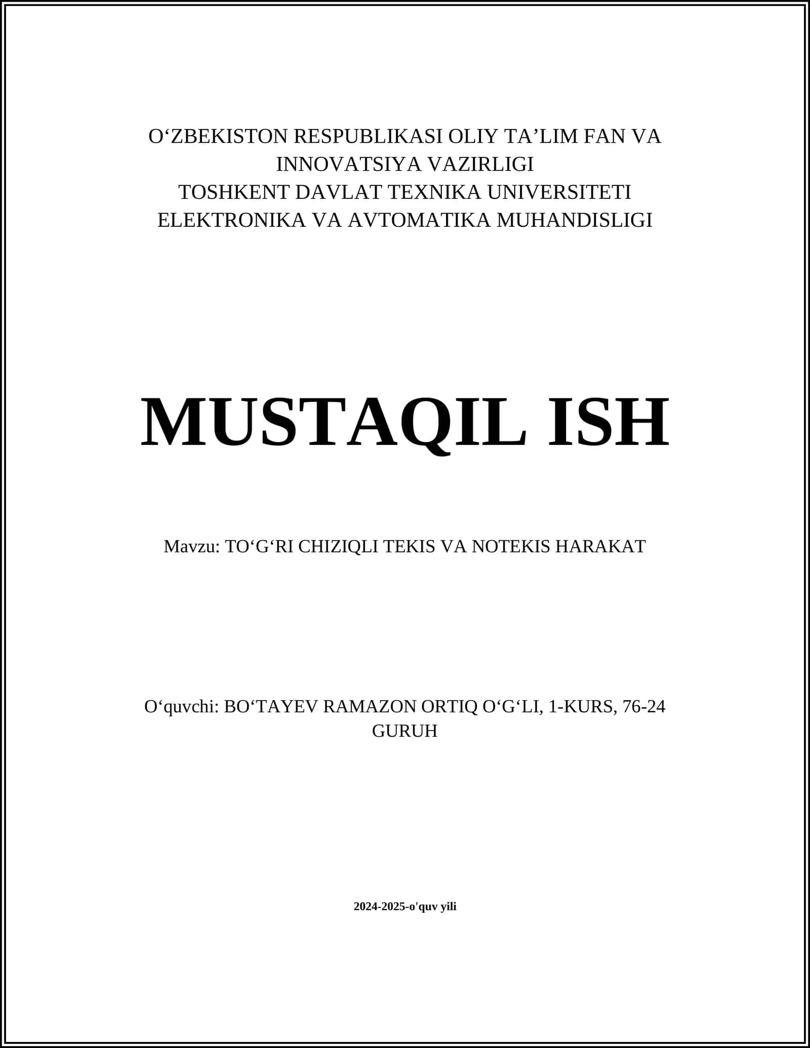 TOʻGʻRI CHIZIQLI TEKIS VA NOTEKIS HARAKAT