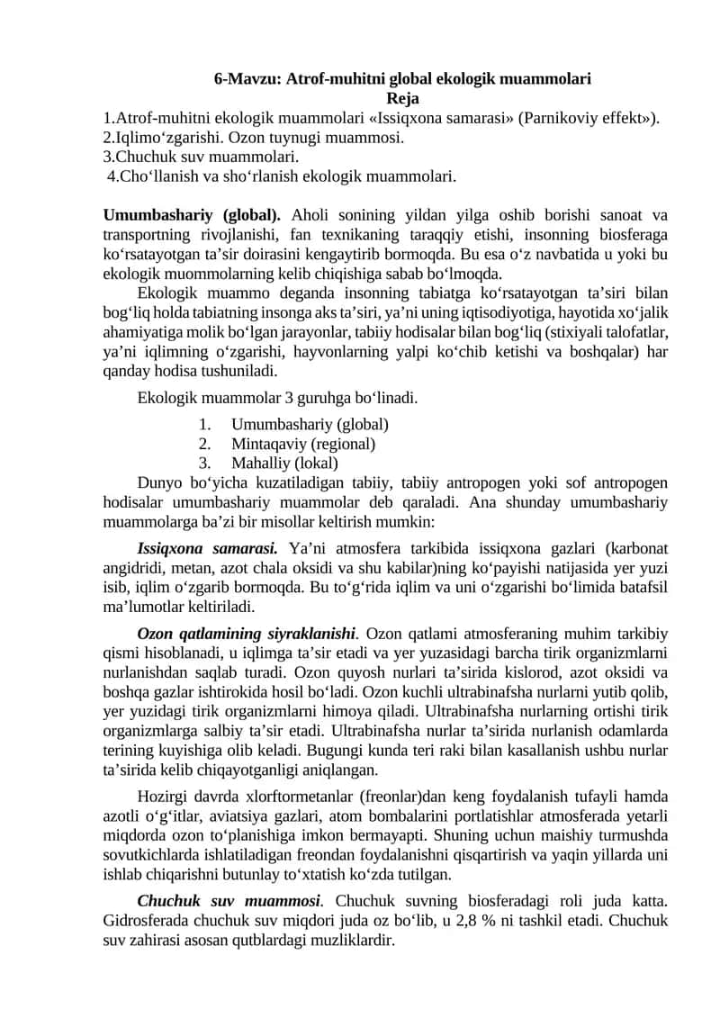 Atrof-muhitni global ekologik muammolari