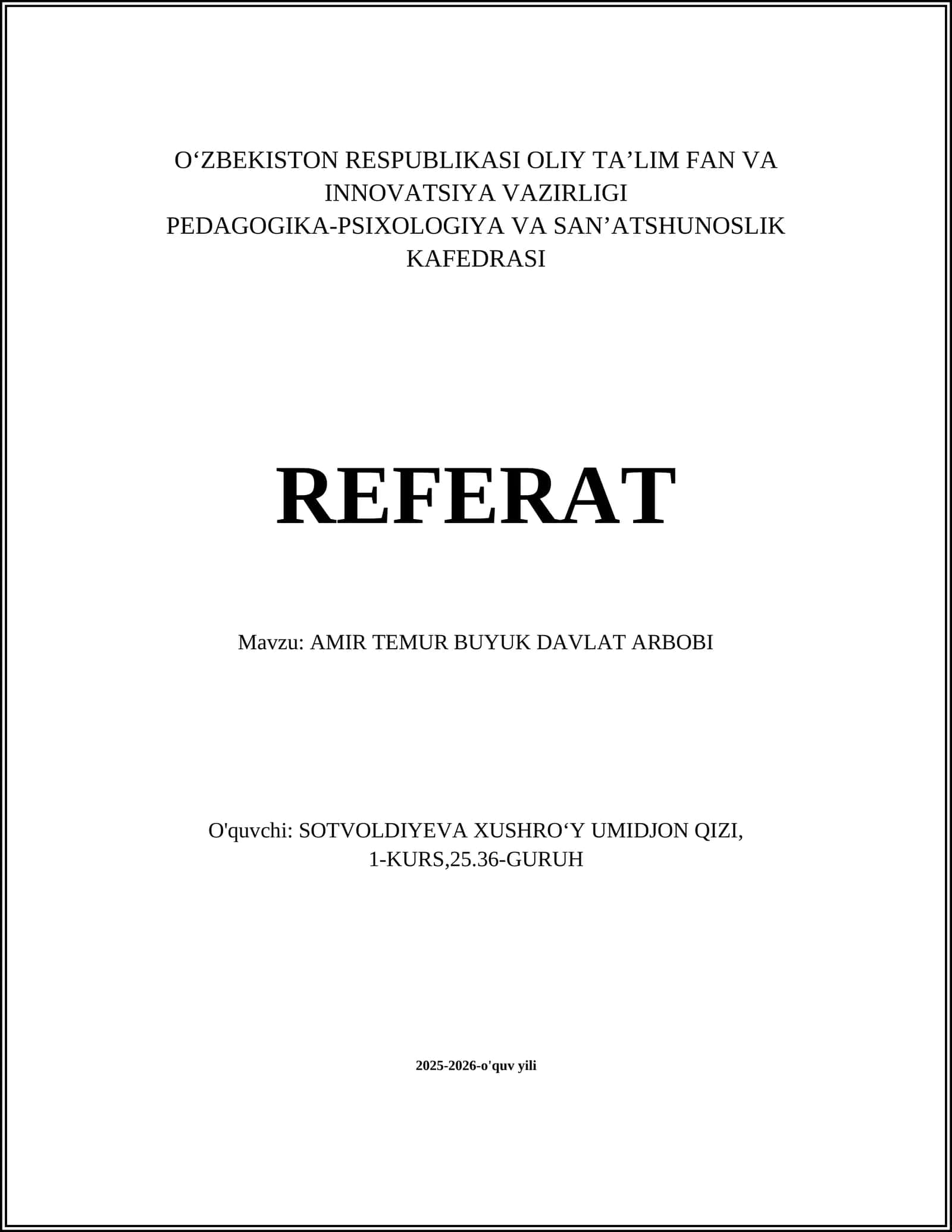 AMIR TEMUR BUYUK DAVLAT ARBOBI