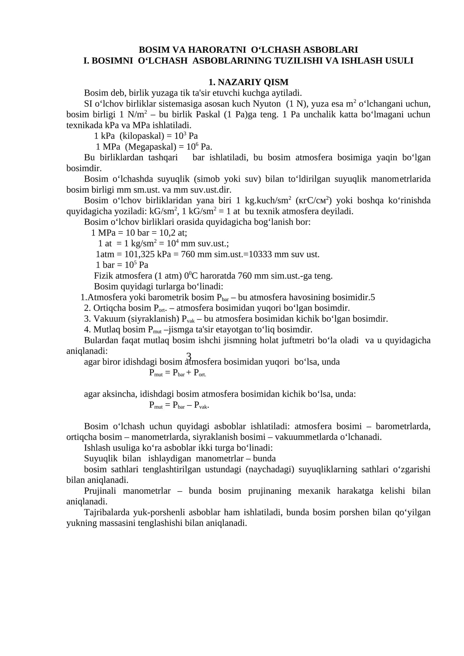 BOSIM VA HARORATNI O‘LCHASH ASBOBLARI
