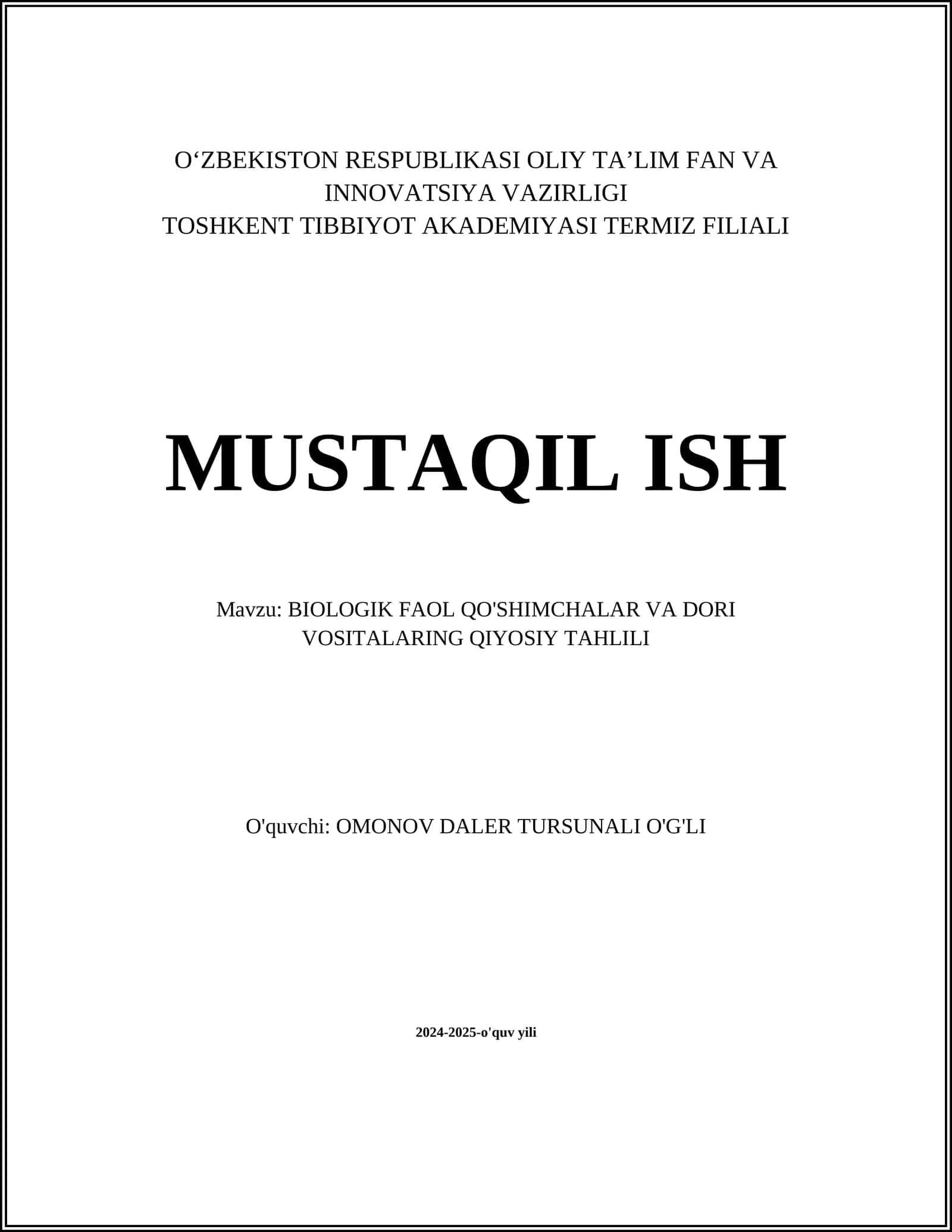 BIOLOGIK FAOL QO'SHIMCHALAR VA DORI VOSITALARING QIYOSIY TAHLILI
