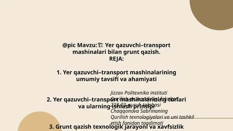 Yer qazuvchi–transport mashinalari bilan grunt qazish