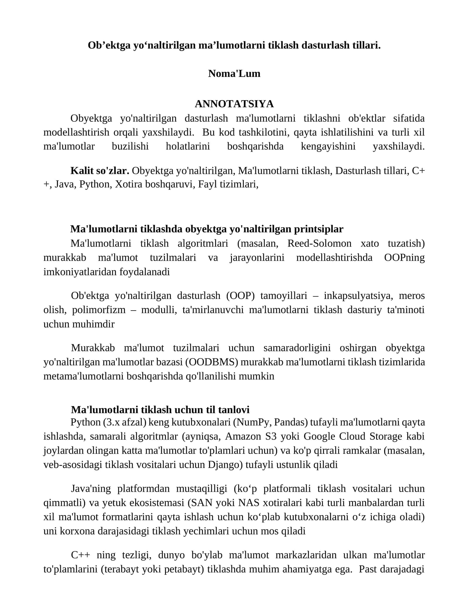 Ob’ektga yo‘naltirilgan ma’lumotlarni tiklash dasturlash tillari
