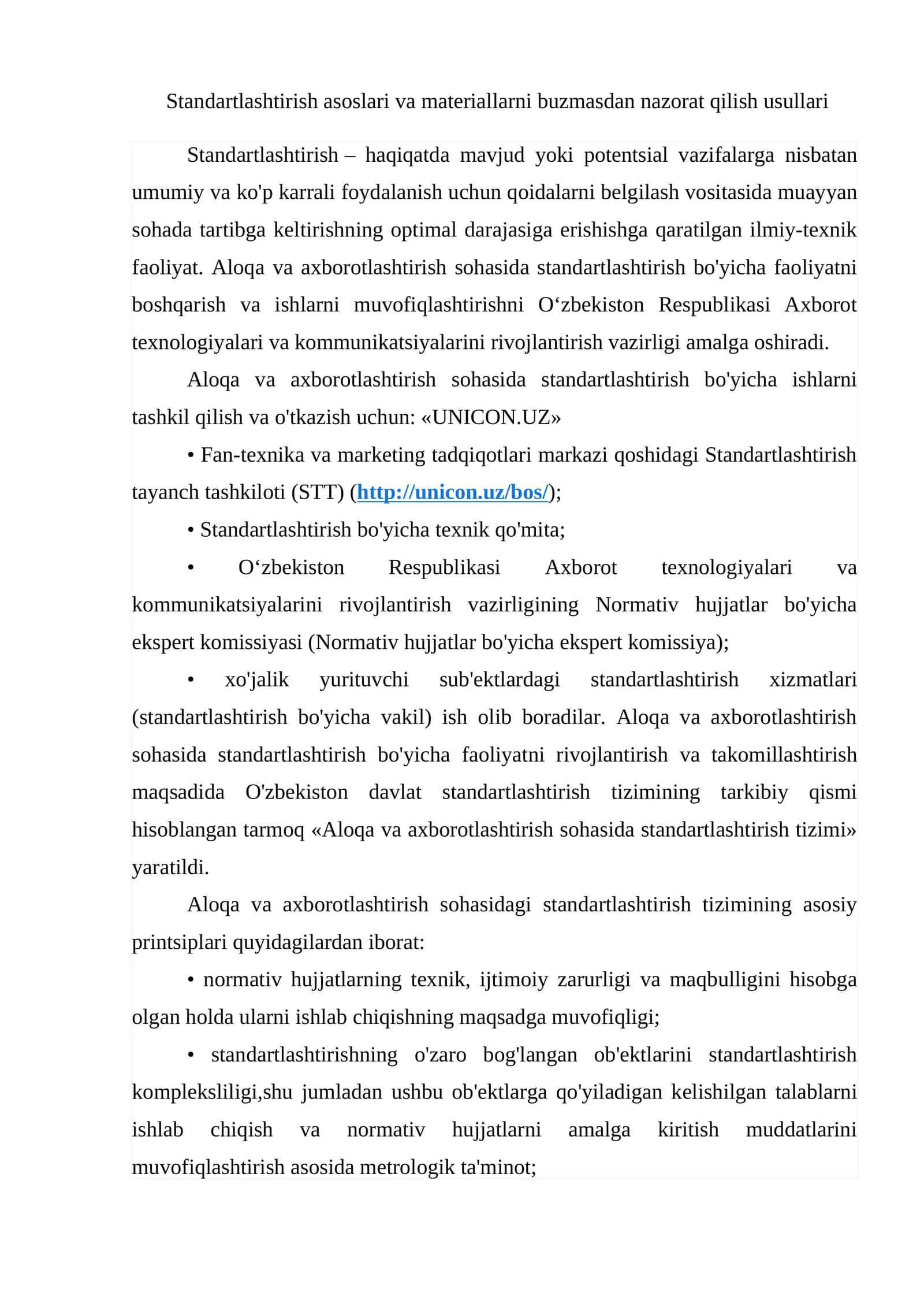 Standartlashtirish asoslari va materiallarni buzmasdan nazorat qilish usullari