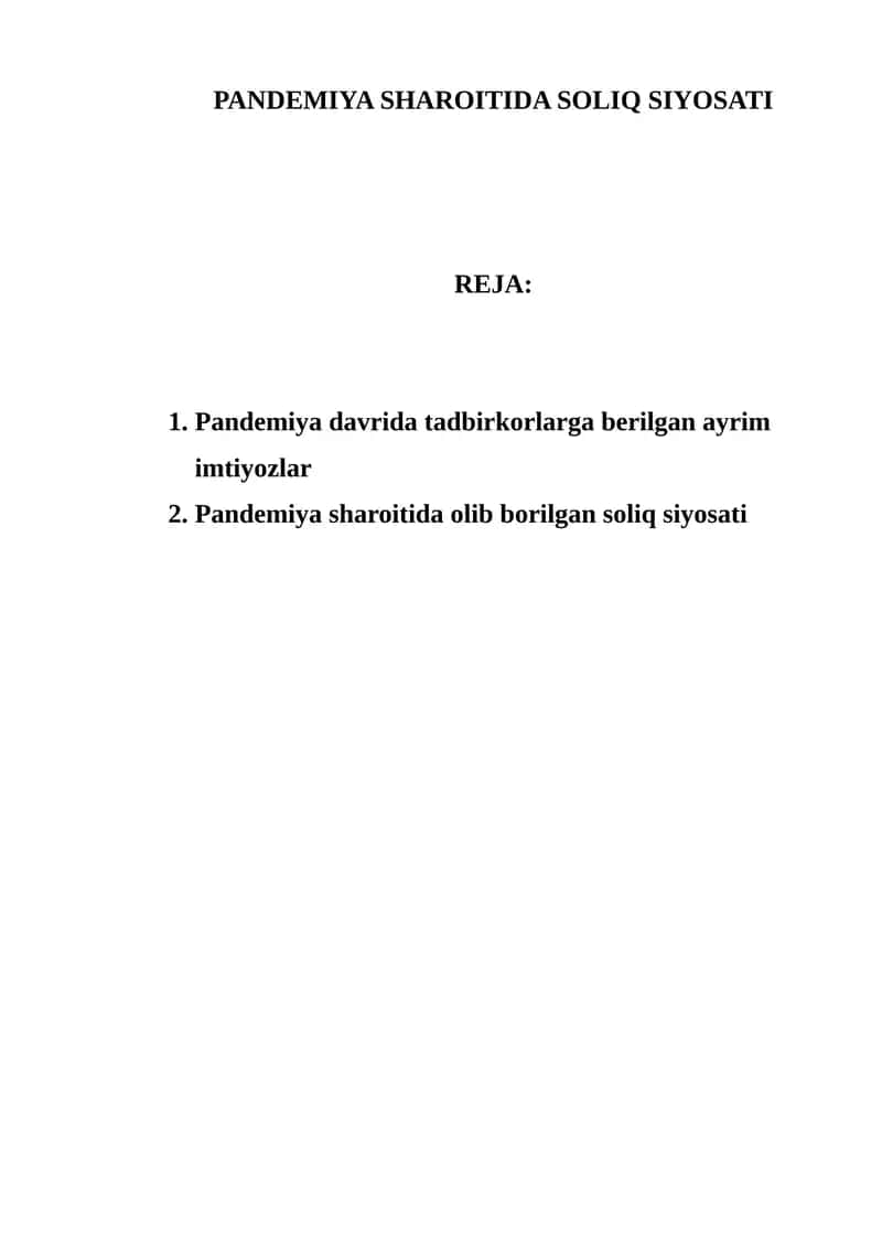 Pandemiya Sharoitida Soliq Siyosati
