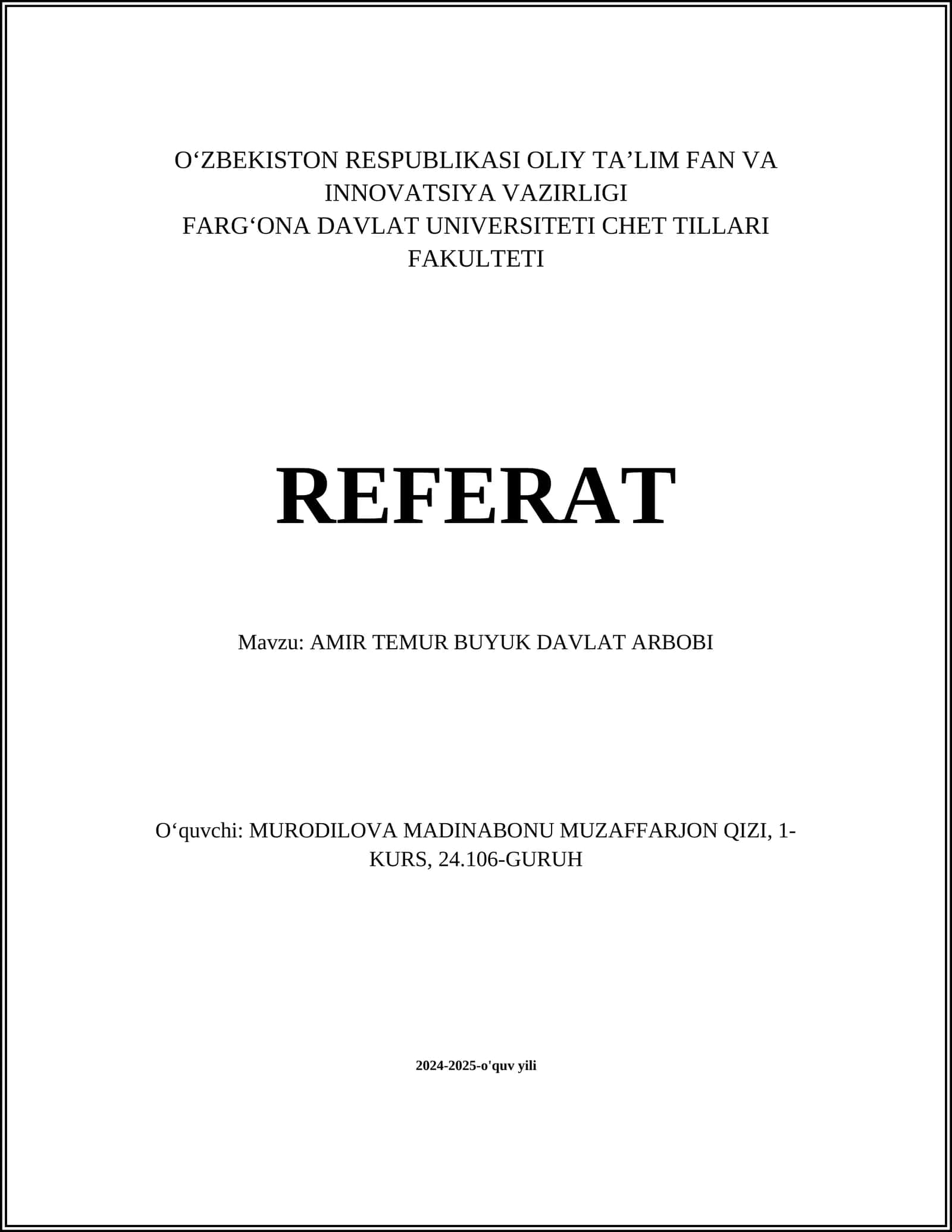 AMIR TEMUR BUYUK DAVLAT ARBOBI