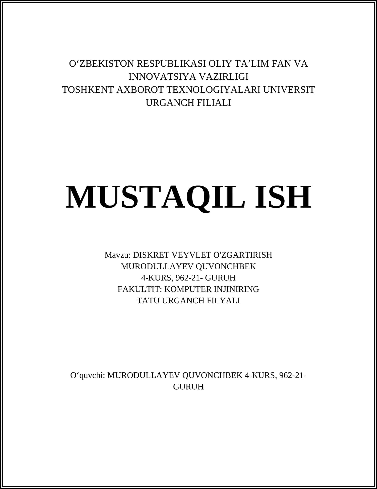 DISKRET VEYVLET O'ZGARTIRISH