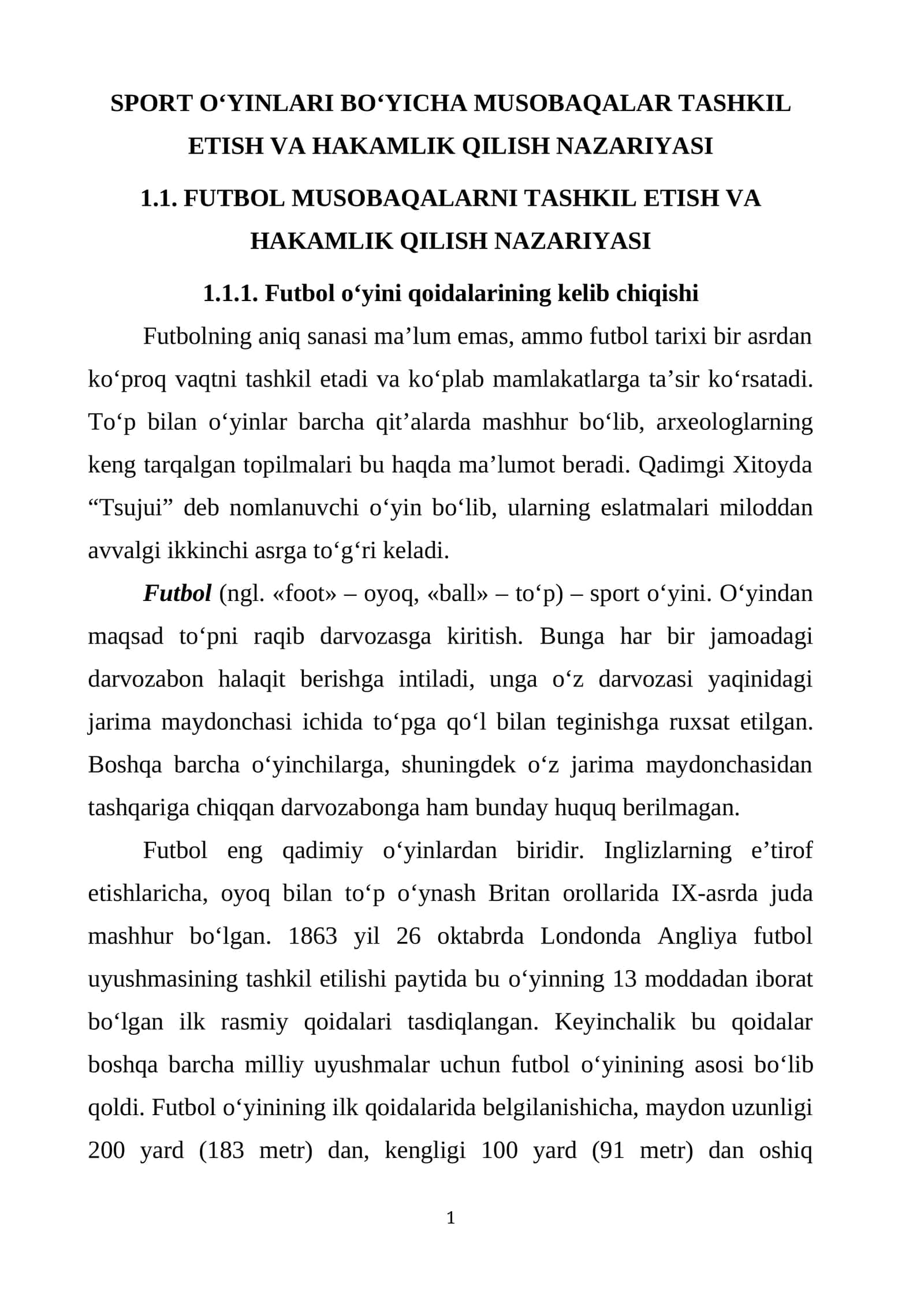 FUTBОL MUSOBAQALARNI TASHKIL ETISH VA HAKAMLIK QILISH NAZARIYASI