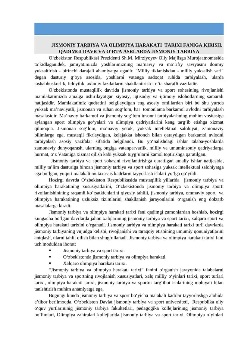 JISMONIY TARBIYA VA OLIMPIYA HARAKATI TARIXI FANIGA