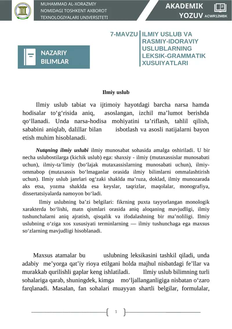 Ilmiy uslub va rasmiy-idoraviy uslublar