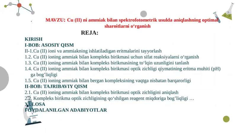Cu (II) ni ammiak bilan spektrofotometrik usulda aniqlashning optimal sharoitlarni o‘rganish