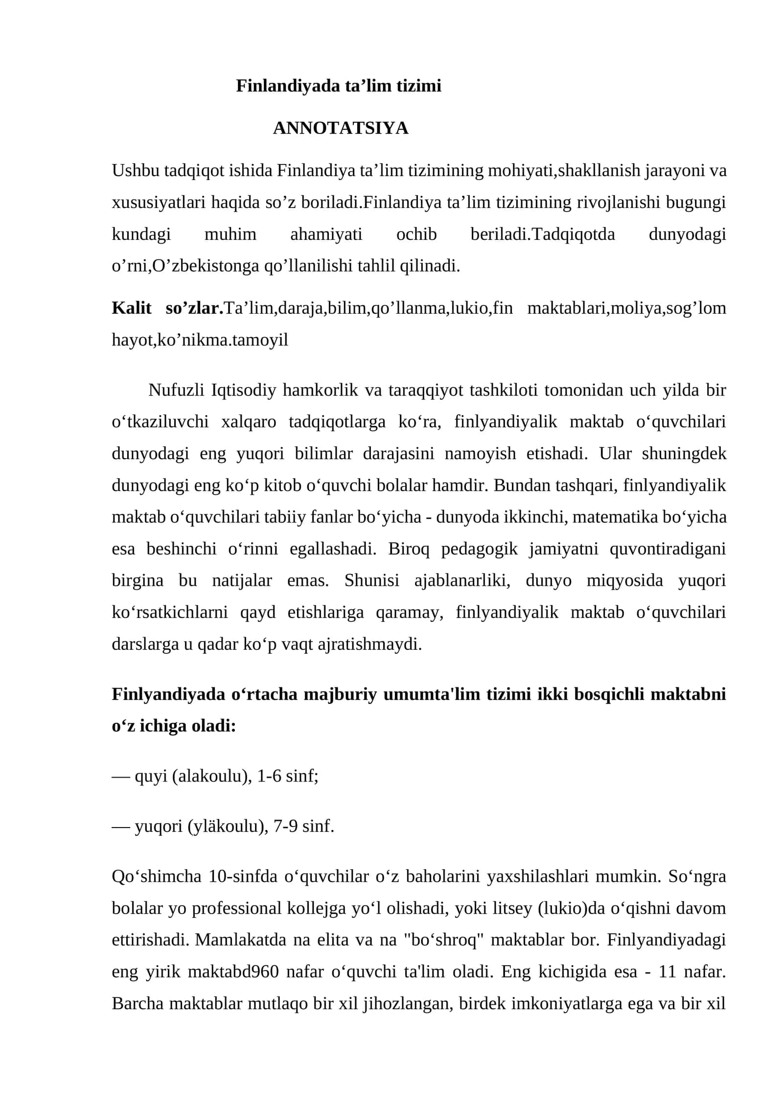 Finlandiyada ta’lim tizimi