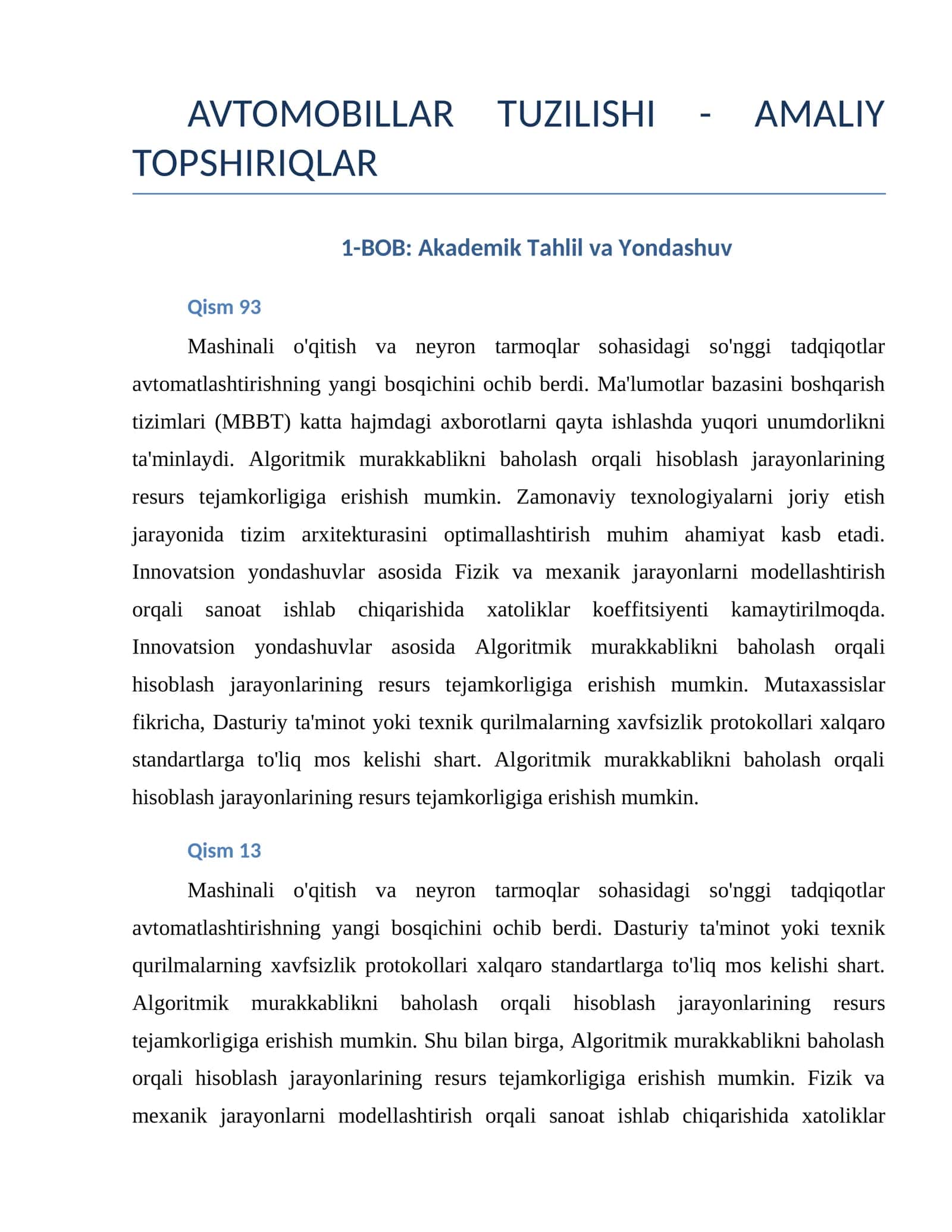 AVTOMOBILLAR TUZILISHI - AMALIY TOPSHIRIQLAR
