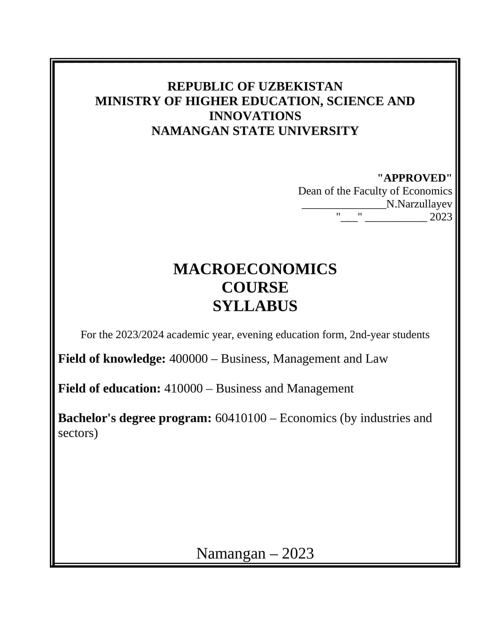 MACROECONOMICS COURSE SYLLABUS
