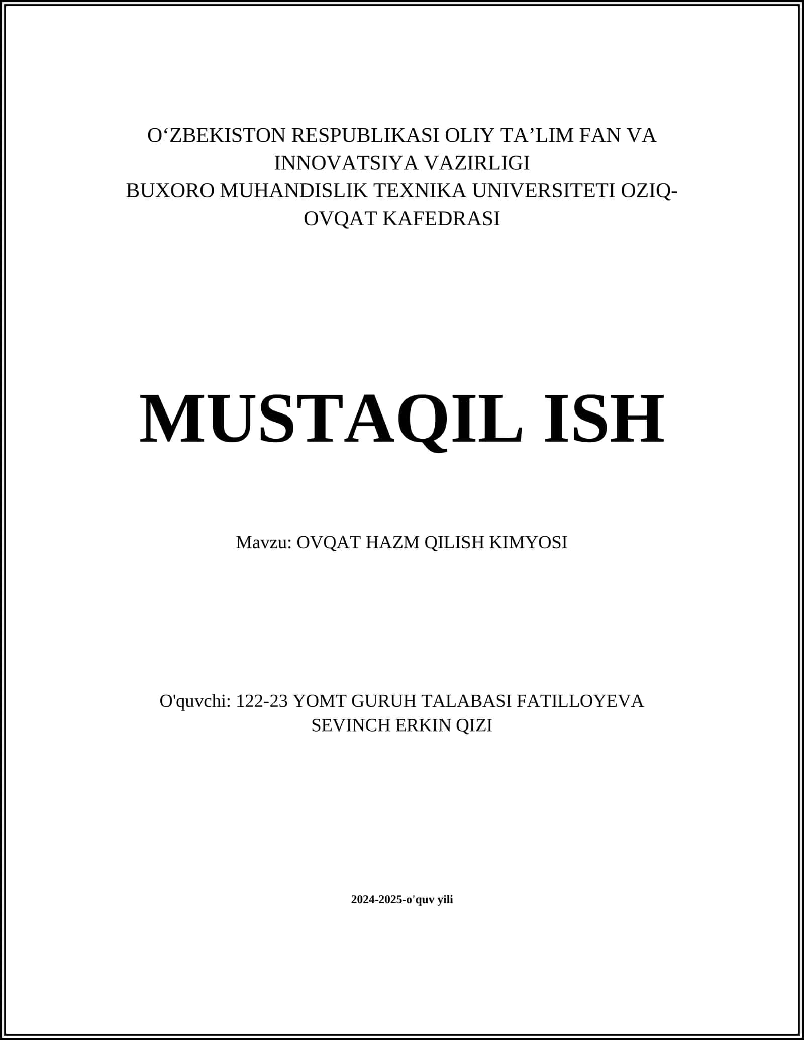 OVQAT HAZM QILISH KIMYOSI
