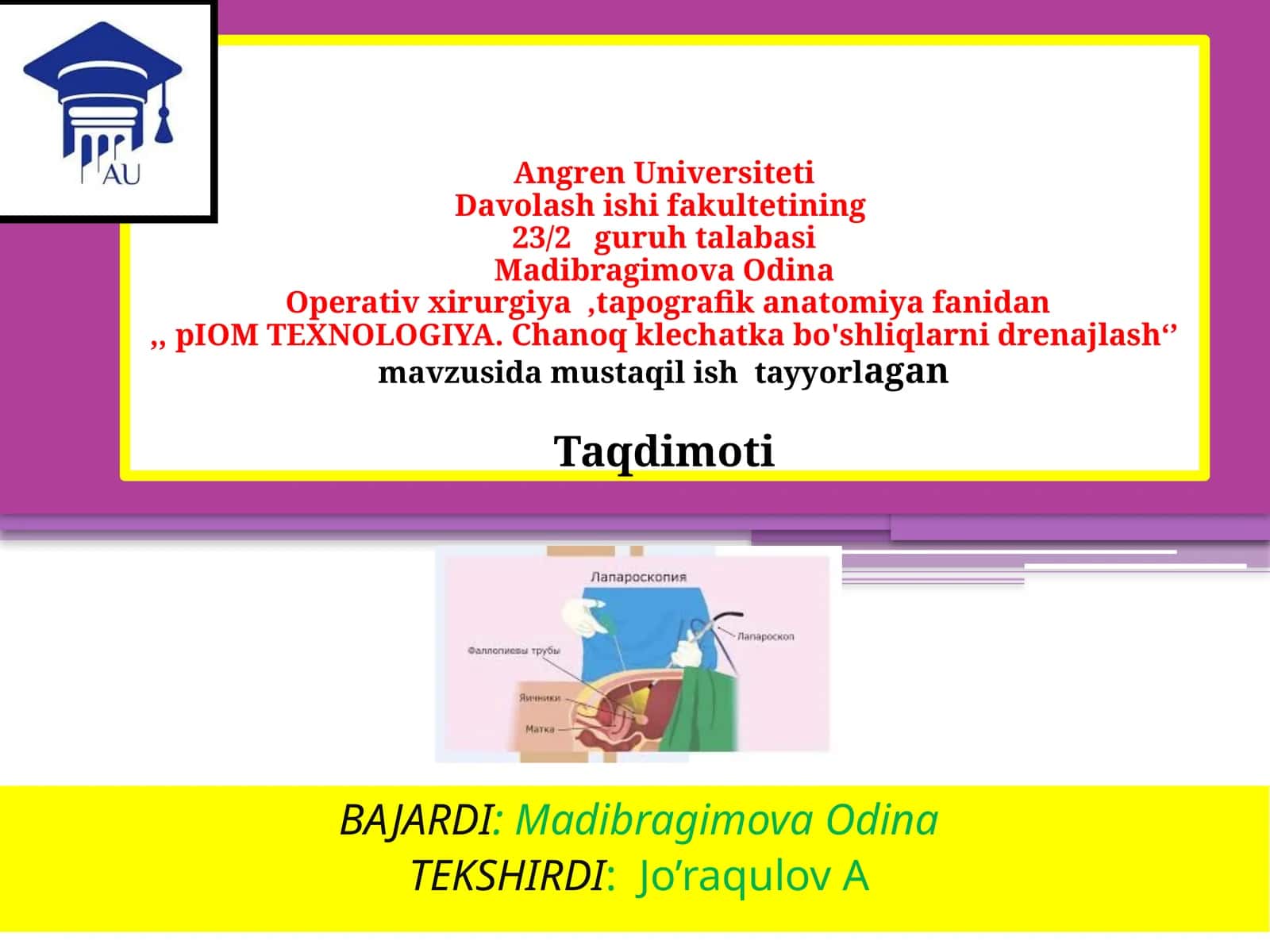 Operativ xirurgiya, tapografik anatomiyadan "Chanog' klechatka bo'shliqlarni drenajlash" mavzusida