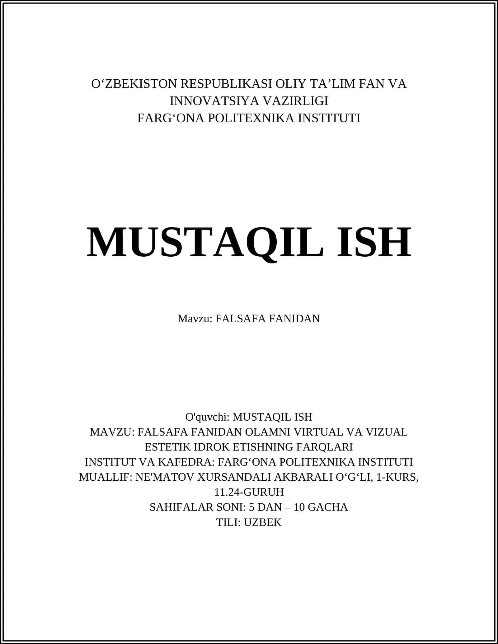 FALSAFA FANIDAN OLAMNI VIRTUAL VA VIZUAL ESTETIK IDROK ETISHNING FARQLARI