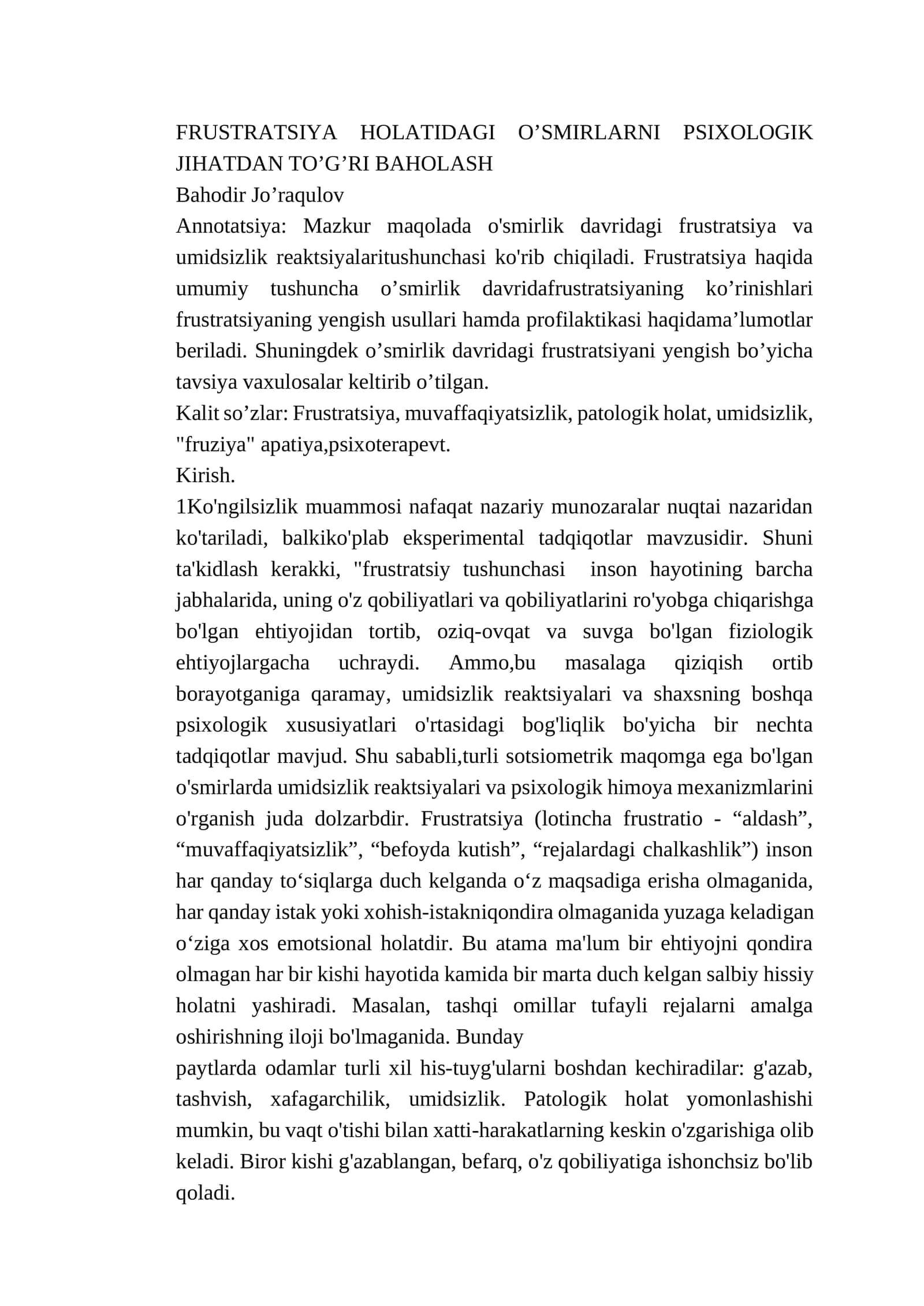 FRUSTRATSIYA HOLATIDAGI O’SMIRLARNI PSIXOLOGIK JIHATDAN TO’G’RI BAHOLASH