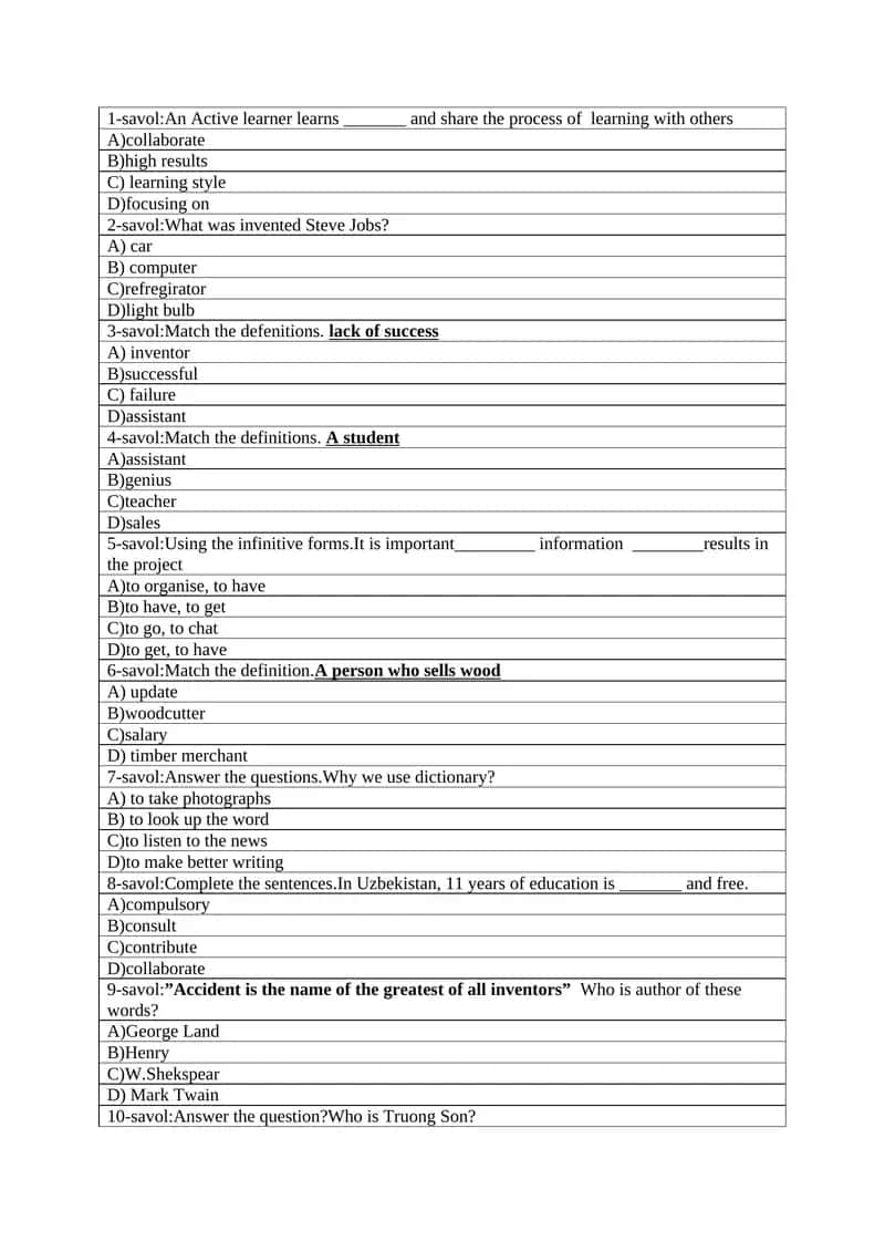 Match the definitions. A student