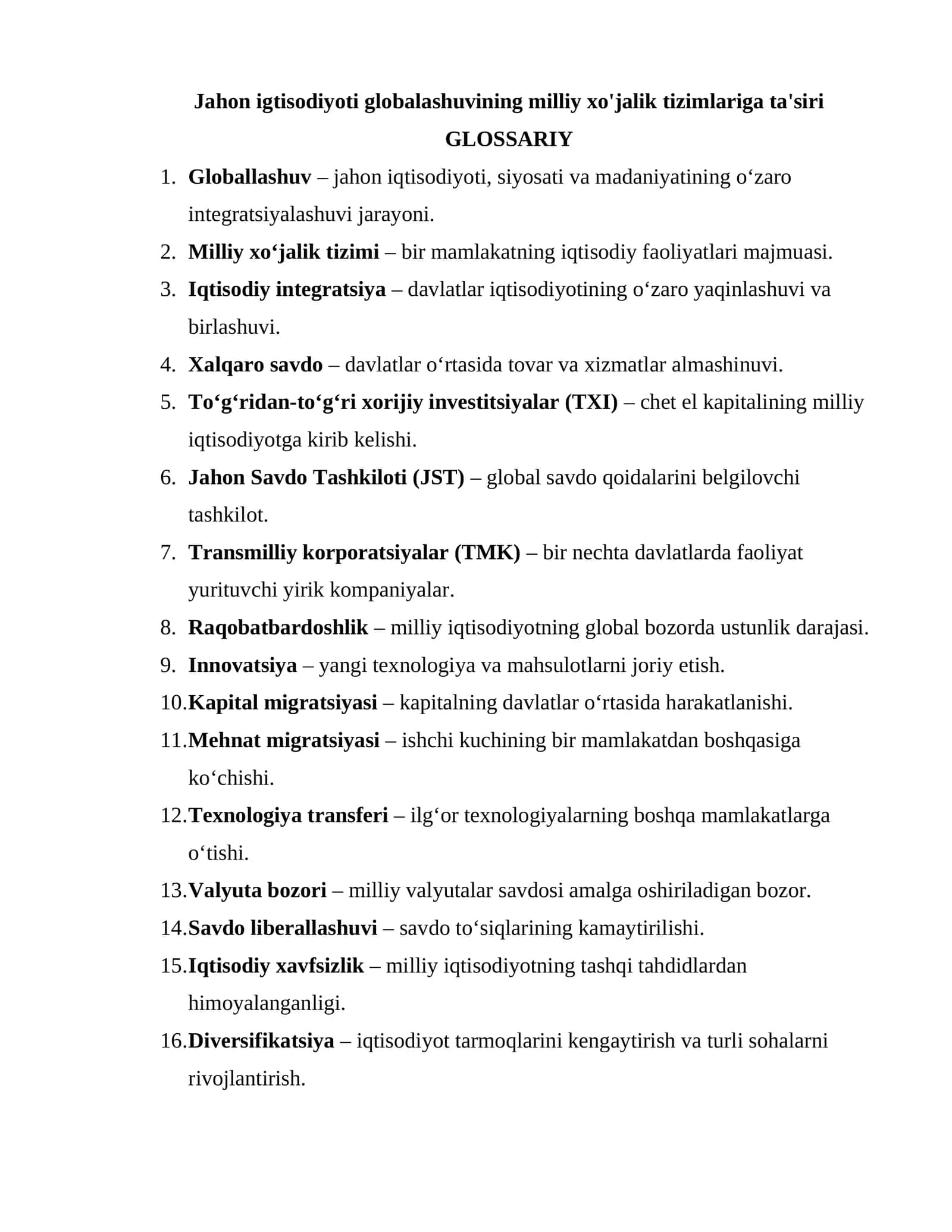 Globallashuv, Milliy Xo‘jalik Tizimi va Iqtisodiy Integratsiya