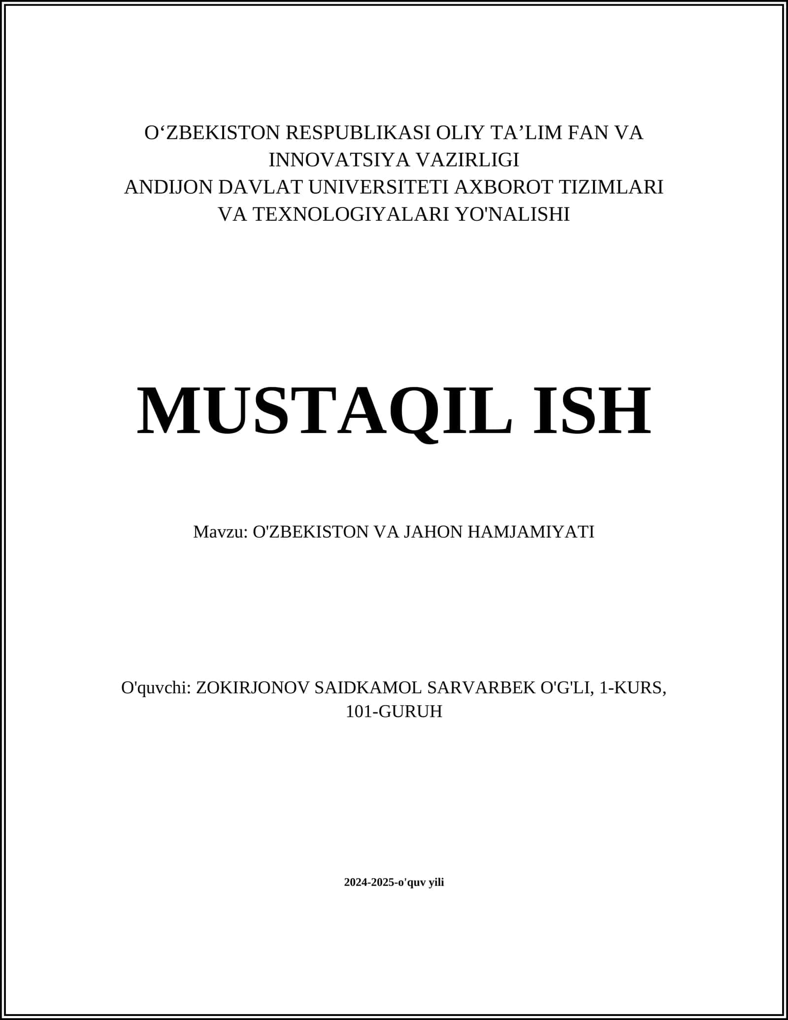 O'ZBEKISTON VA JAHON HAMJAMIYATI