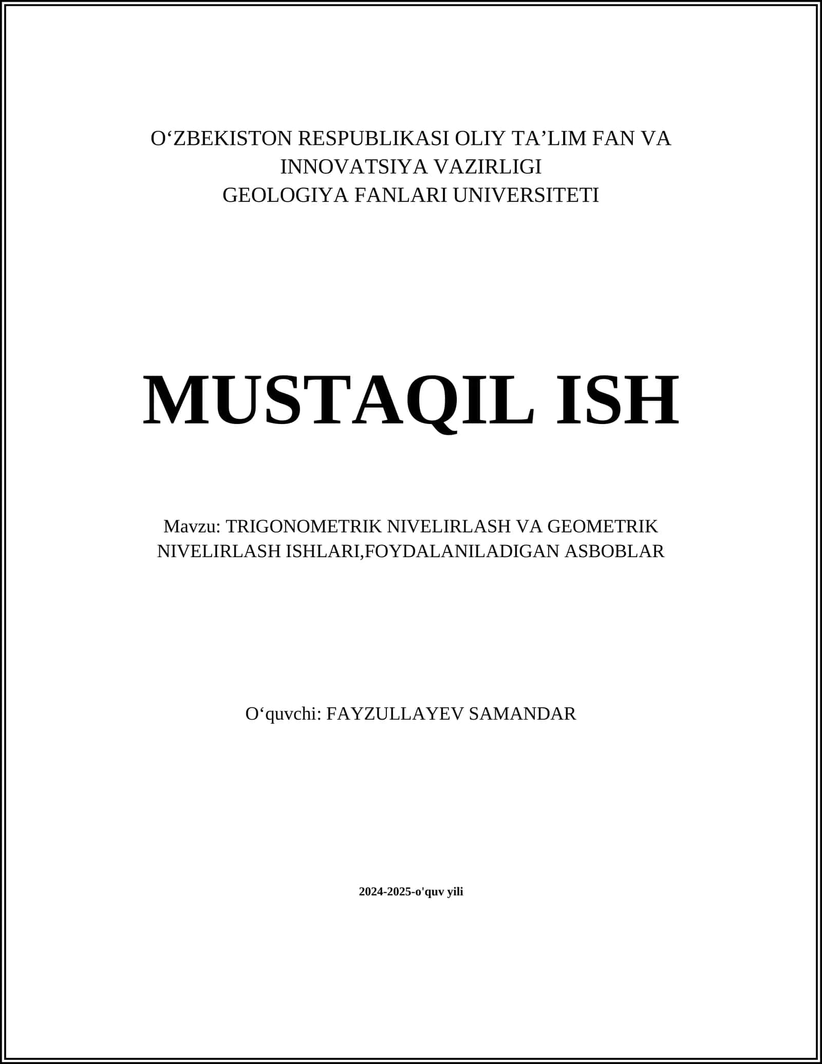 TRIGONOMETRIK NIVELIRLASH VA GEOMETRIK NIVELIRLASH ISHLARI