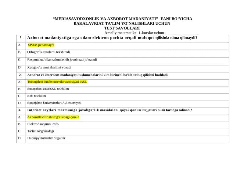 "MEDIASAVODXONLIK VA AXBOROT MADANIYATI”   FANI BO‘YICHA  BAKALAVRIAT TA’LIM YO‘NALISHLARI UCHUN  TEST SAVOLLARI