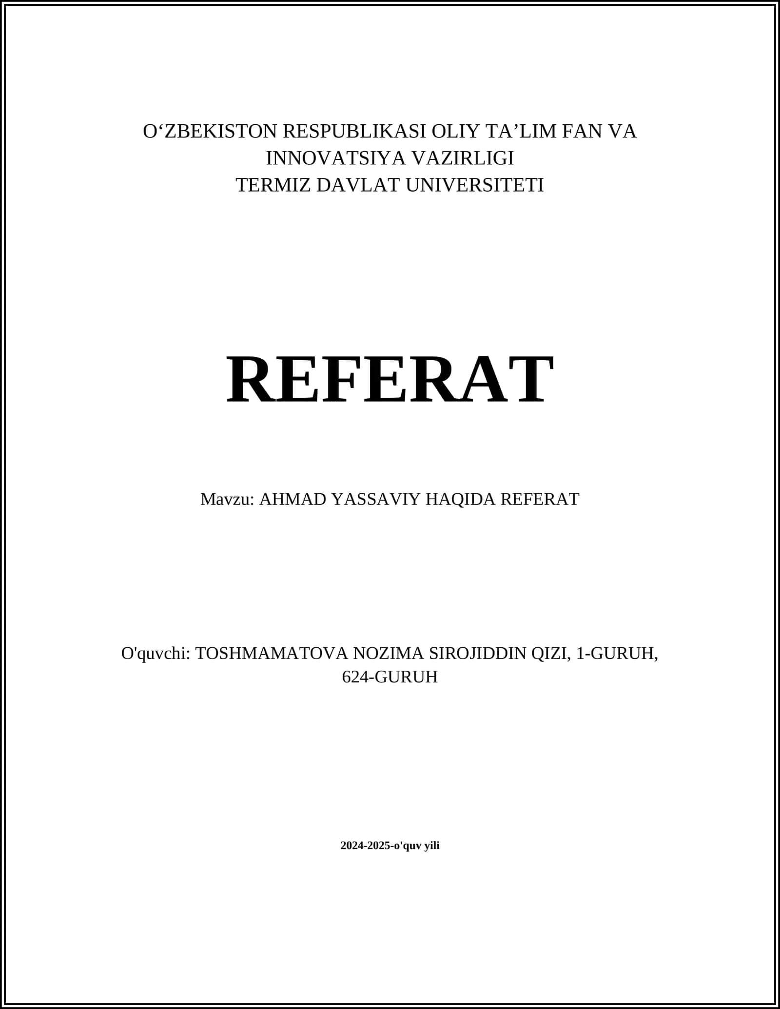 Ahmad Yassaviy Haqida Referat