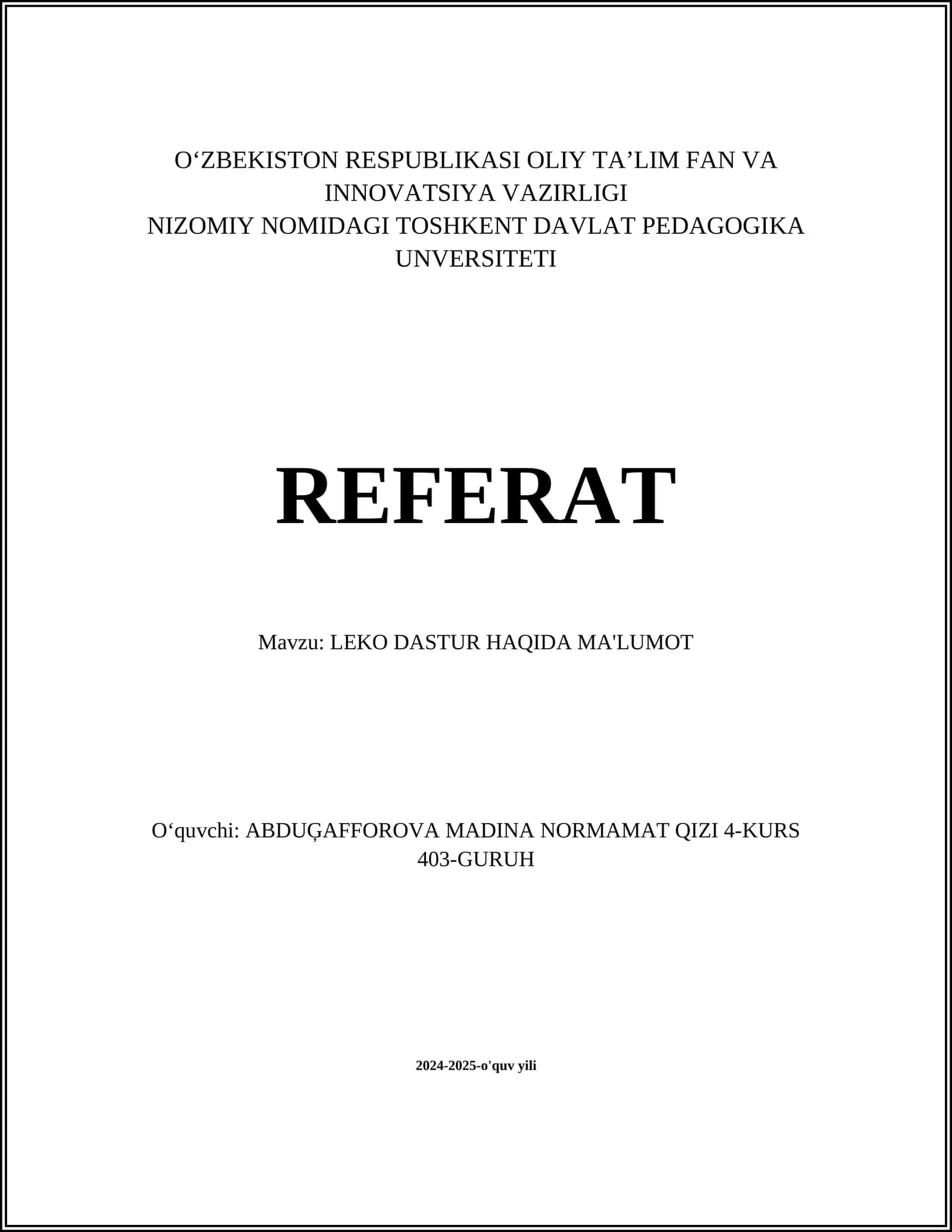 LEKO DASTUR HAQIDA MA'LUMOT