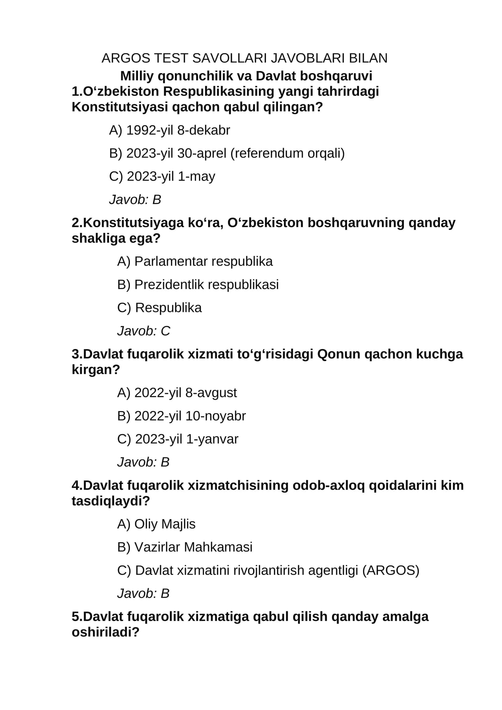 ARGOS TEST SAVOLLARI JAVOBLARI BILAN YANGI 2026-YIL