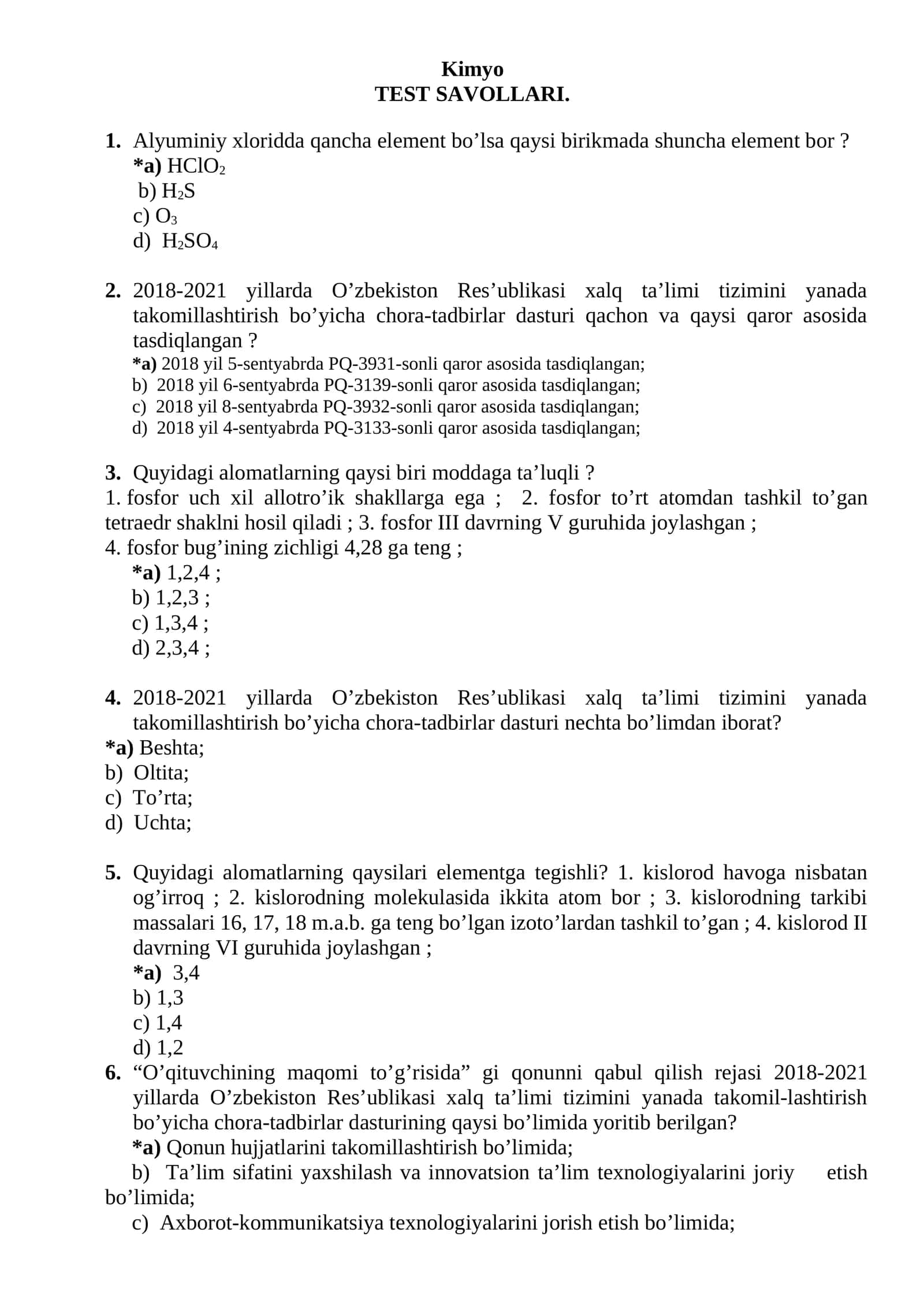 Kimyo fanidan testlar