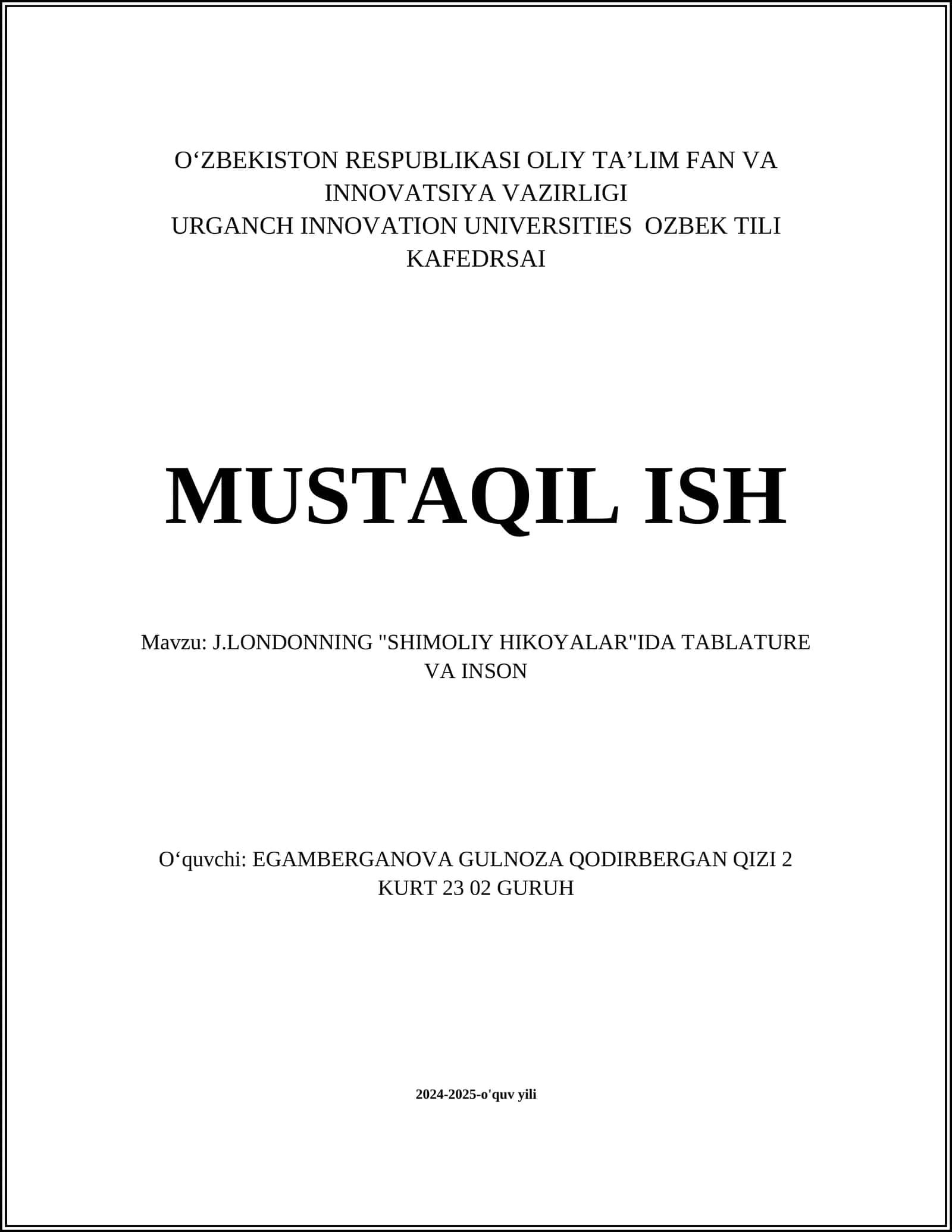 J.LONDONNING "SHIMOLIY HIKOYALAR"IDA TABLATURE VA INSON