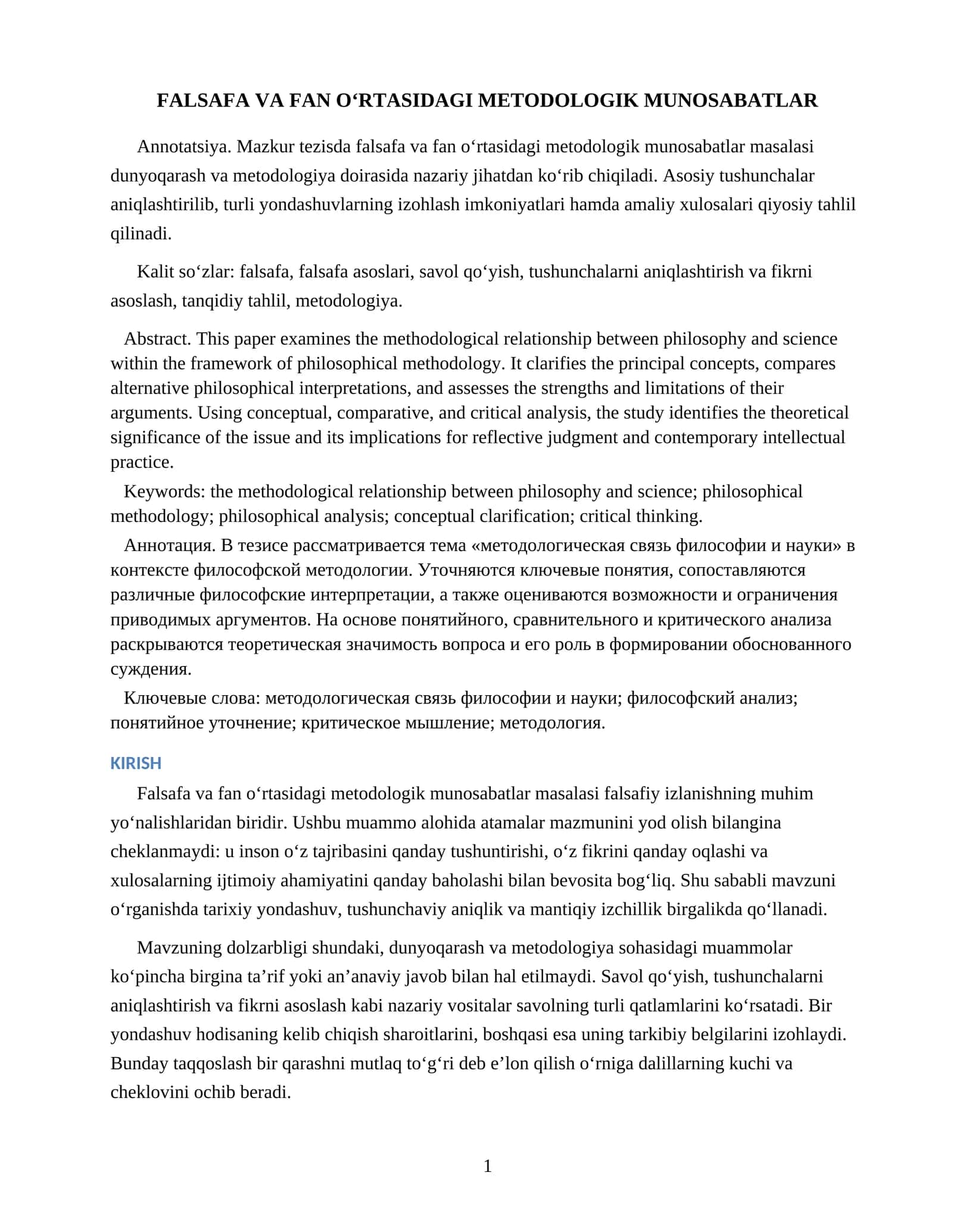 FALSAFA VA FAN O‘RTASIDAGI METODOLOGIK MUNOSABATLAR