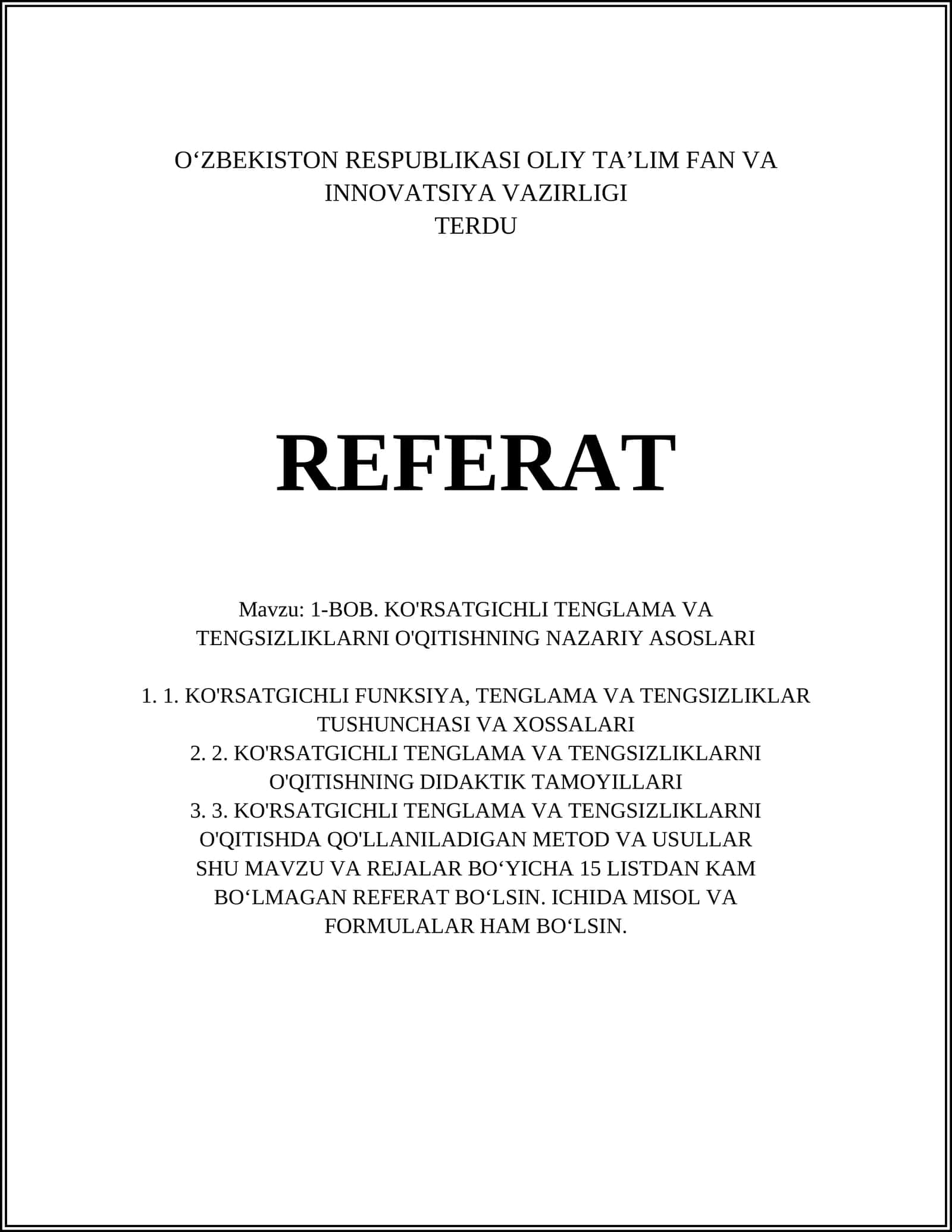BOB. KO'RSATGICHLI TENGLAMA VA TENGSIZLIKLARNI O'QITISHNING NAZARIY ASOSLARI
