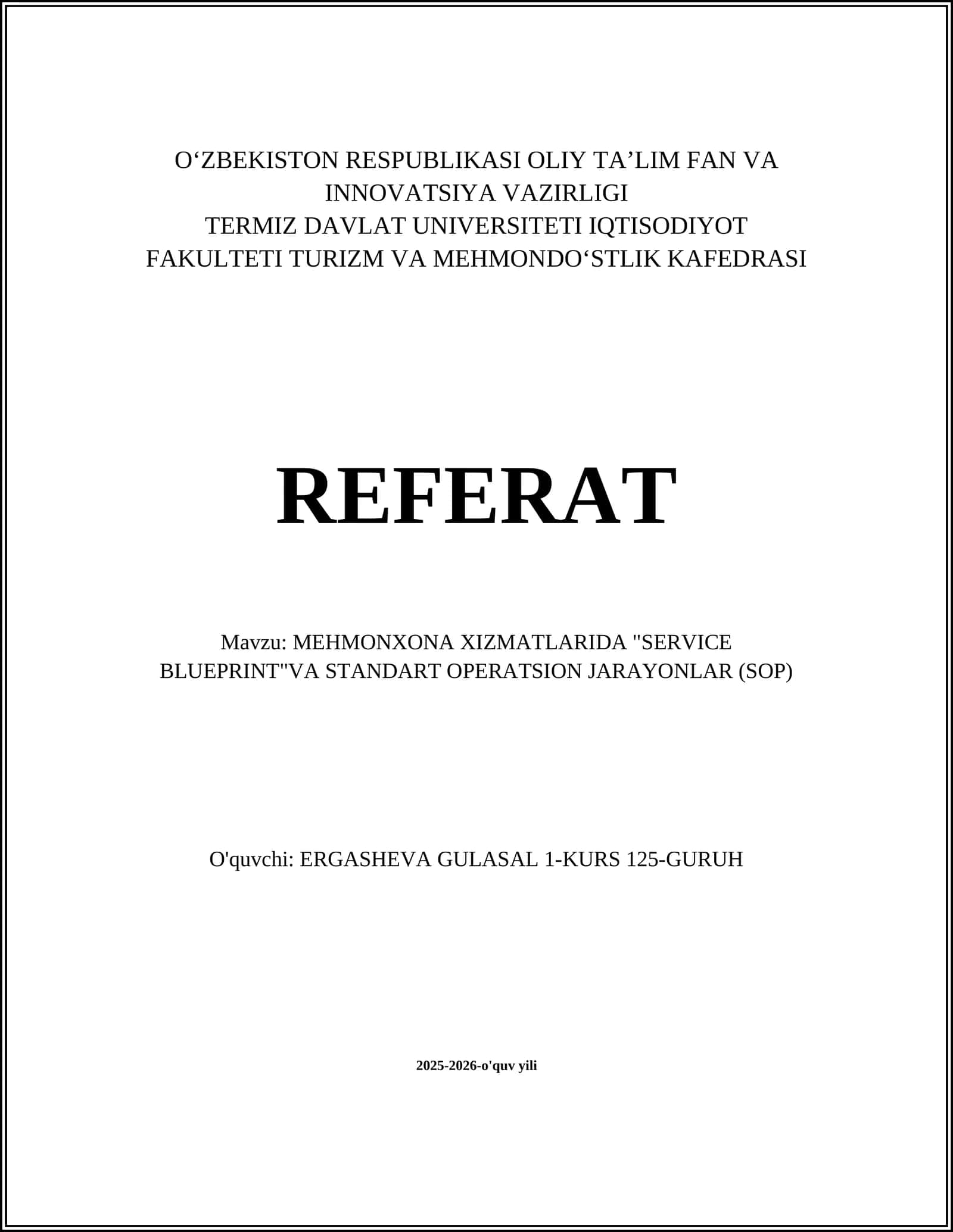 Service Blueprintning tushunchasi va mehmonxona xizmatlarida ahamiyati