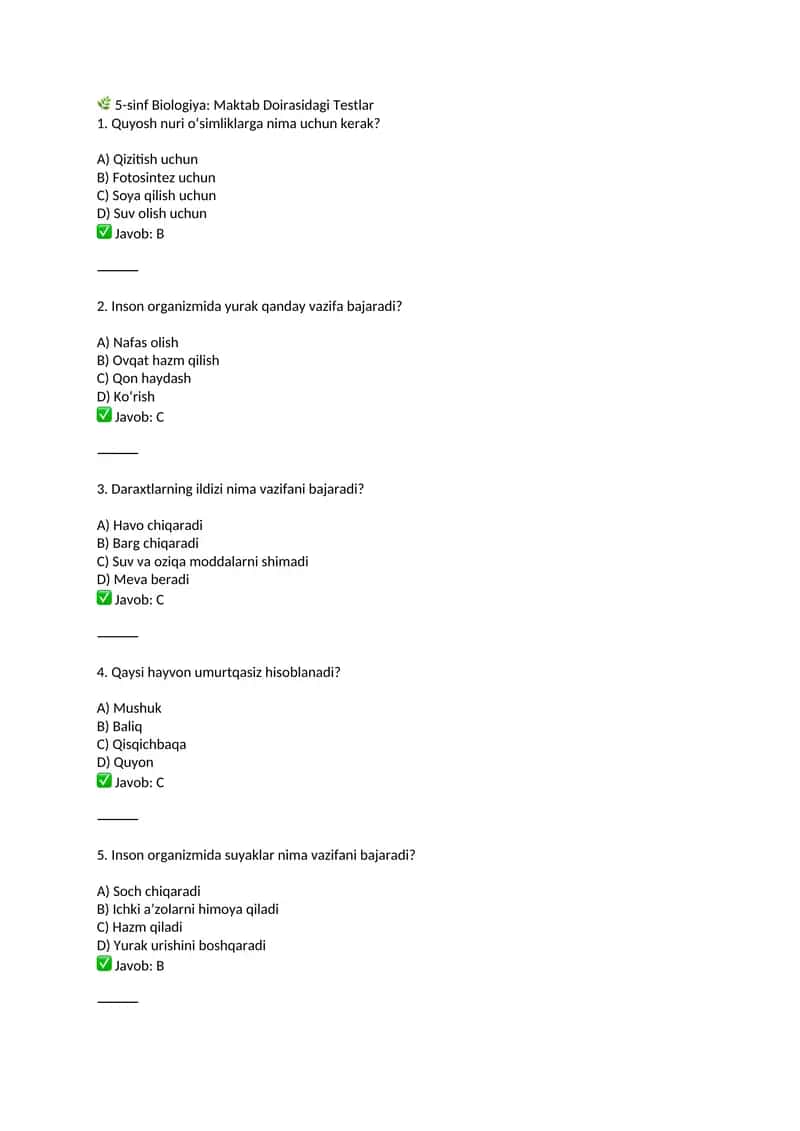 🌿 5-sinf Biologiya: Maktab Doirasidagi Testlar