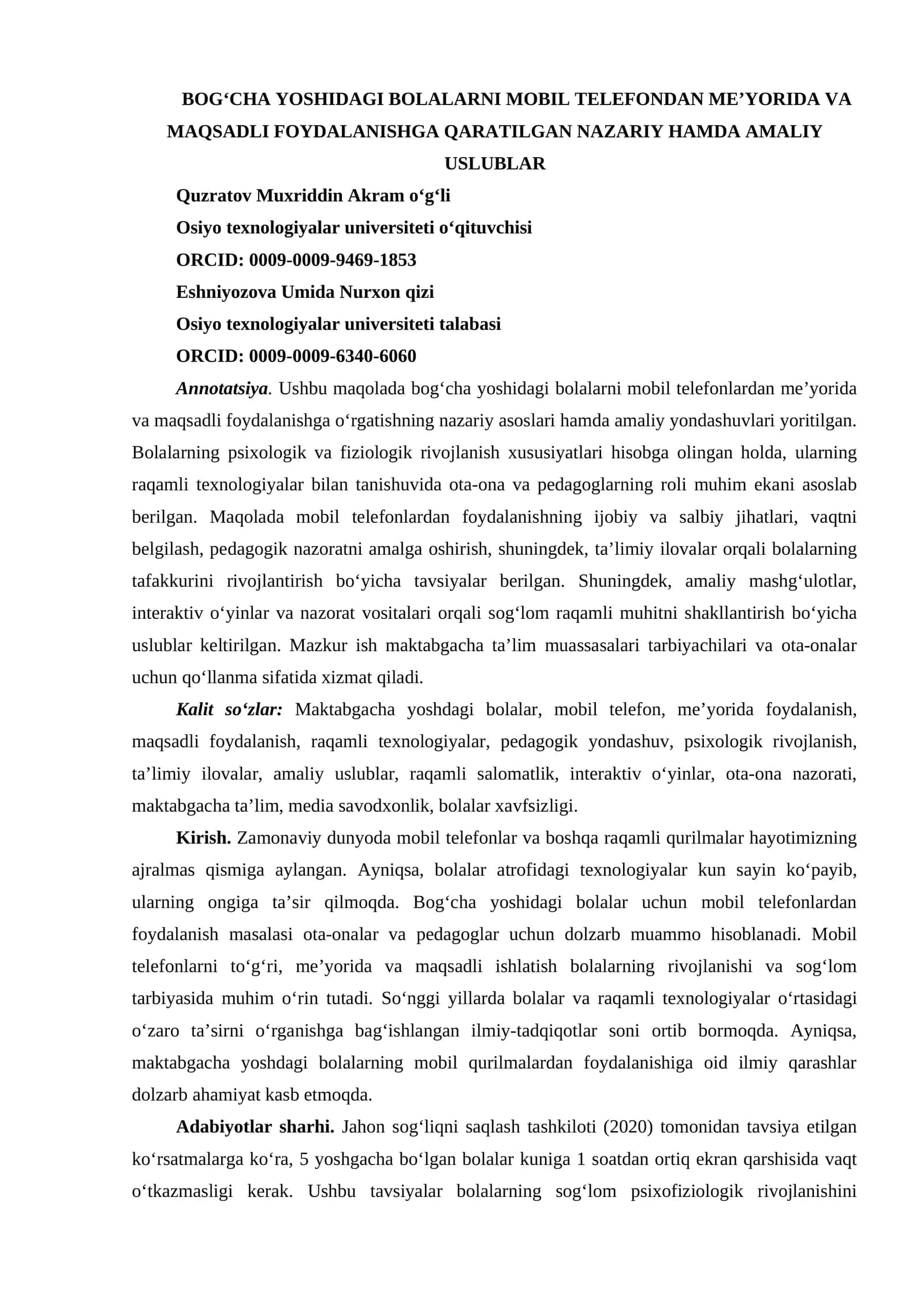 BOG‘CHA YOSHIDAGI BOLALARNI MOBIL TELEFONDAN ME’YORIDA VA MAQSADLI FOYDALANISHGA QARATILGAN NAZARIY HAMDA AMALIY USLUBLAR