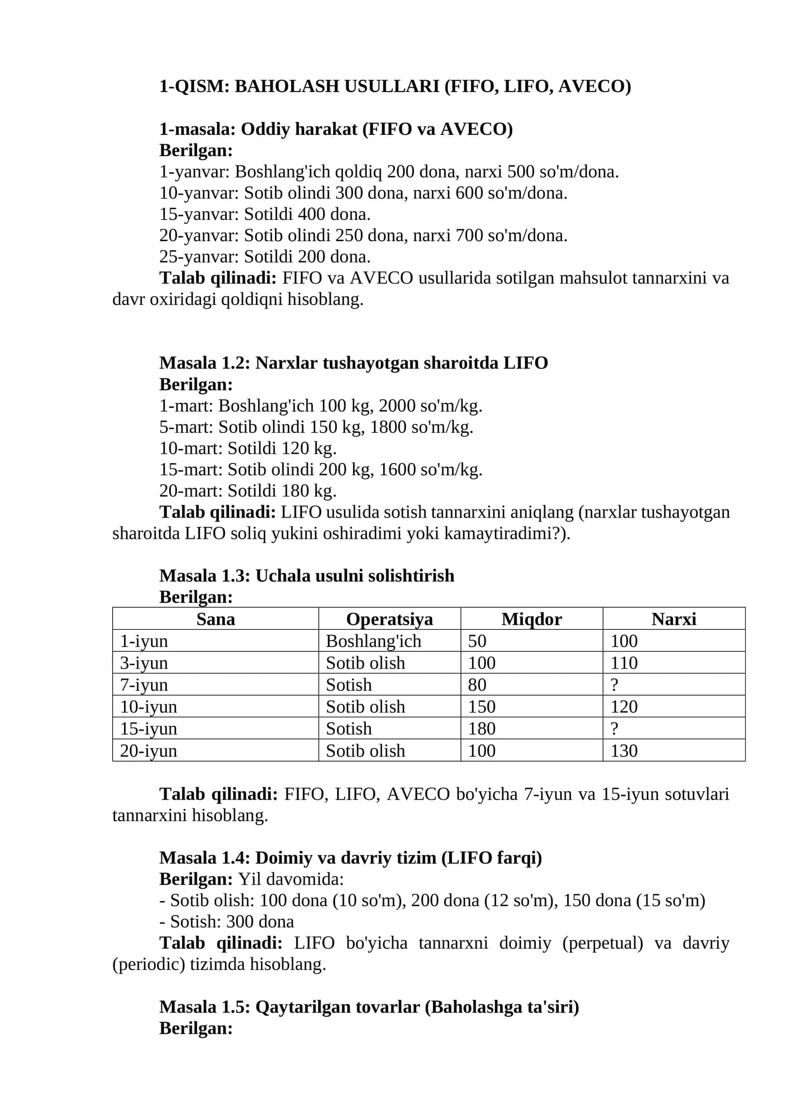 BAHOLASH USULLARI (FIFO, LIFO, AVECO)