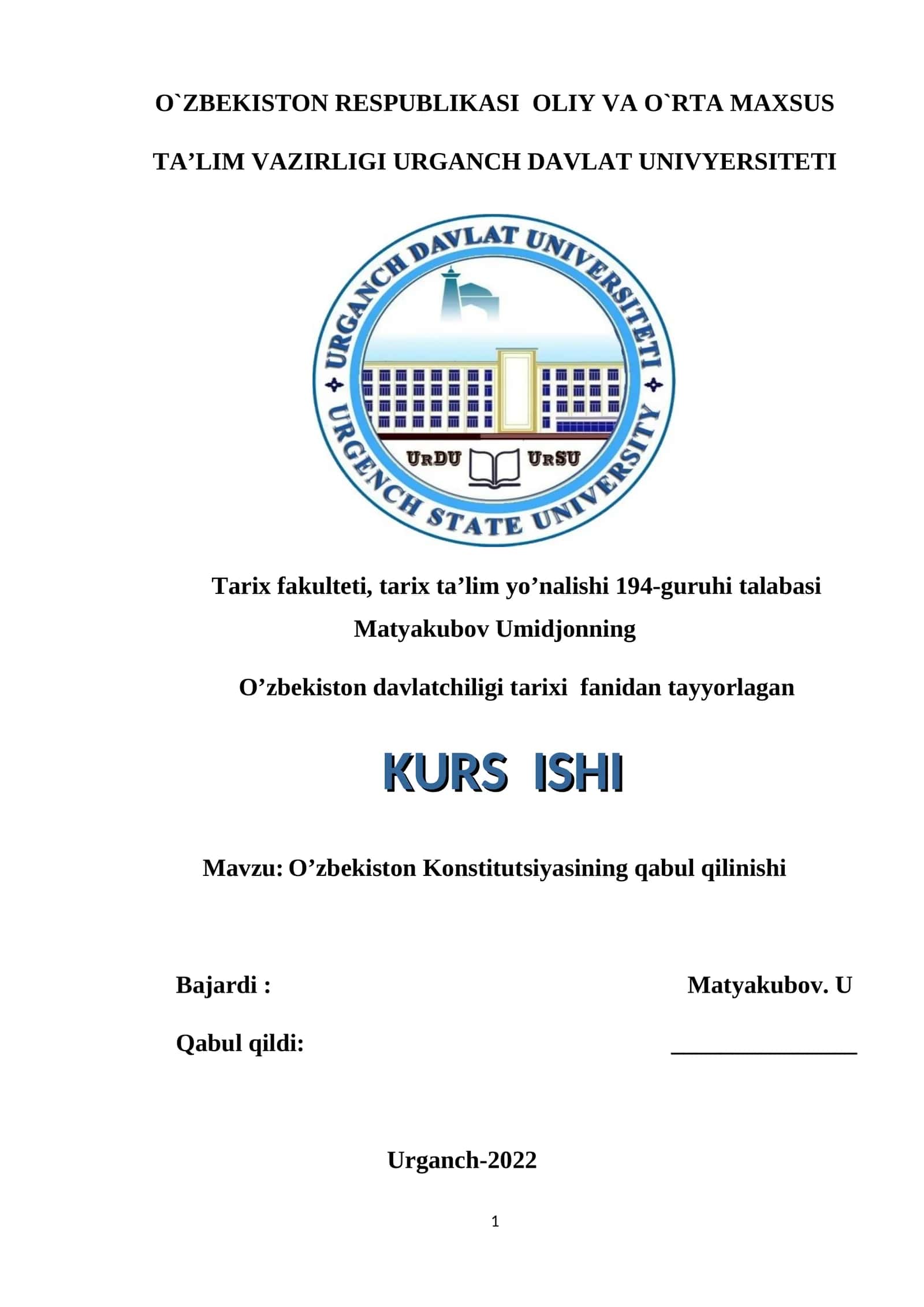 O’zbekiston Konstitutsiyasining qabul qilinishi