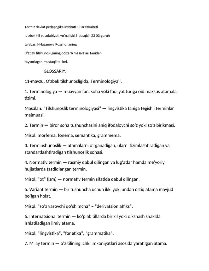 O‘zbek tilshunosligi Terminologiyasi