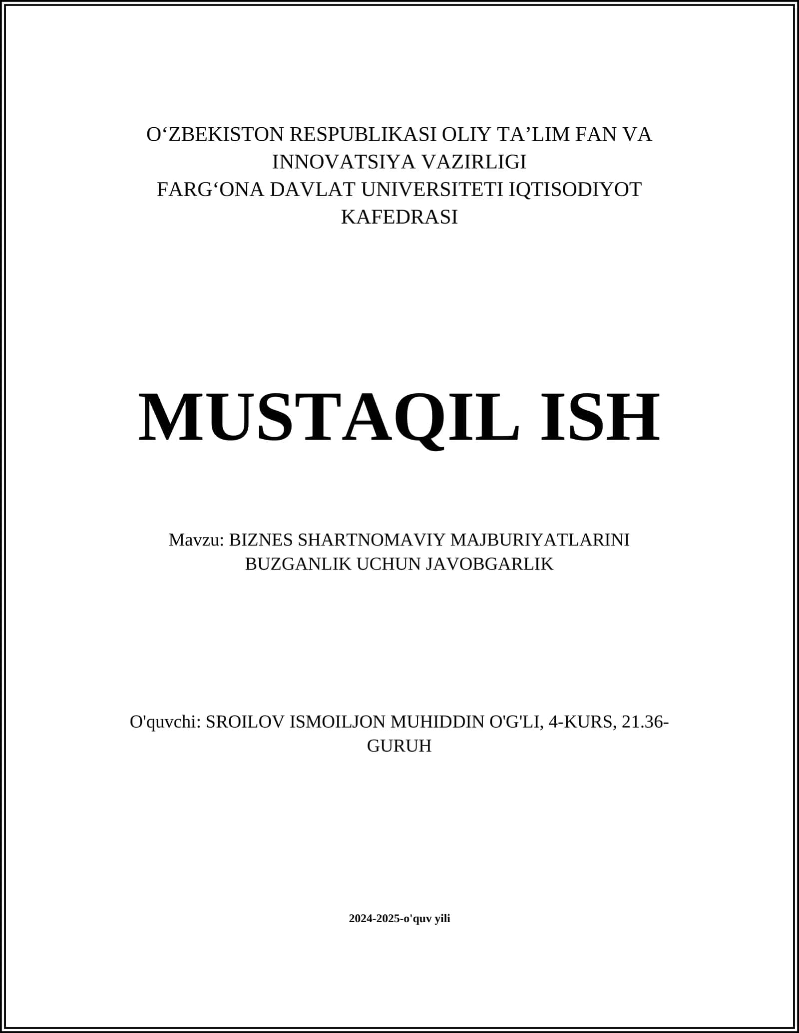 BIZNES SHARTNOMAVIY MAJBURIYATLARINI BUZGANLIK UCHUN JAVOBGARLIK