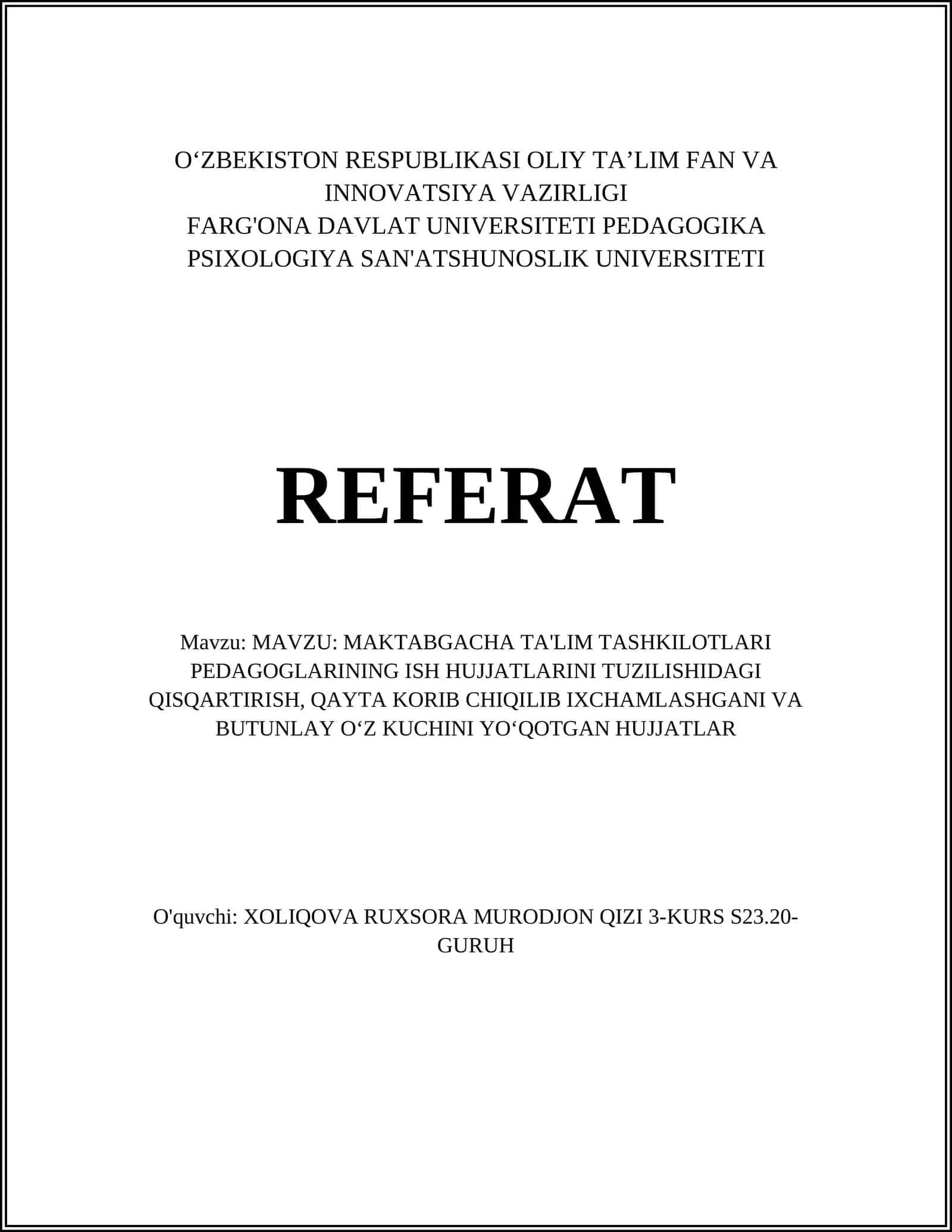 MAKTABGACHA TA'LIM TASHKILOTLARI PEDAGOGLARINING ISH HUJJATLARINI TUZILISHIDAGI QISQARTIRISH