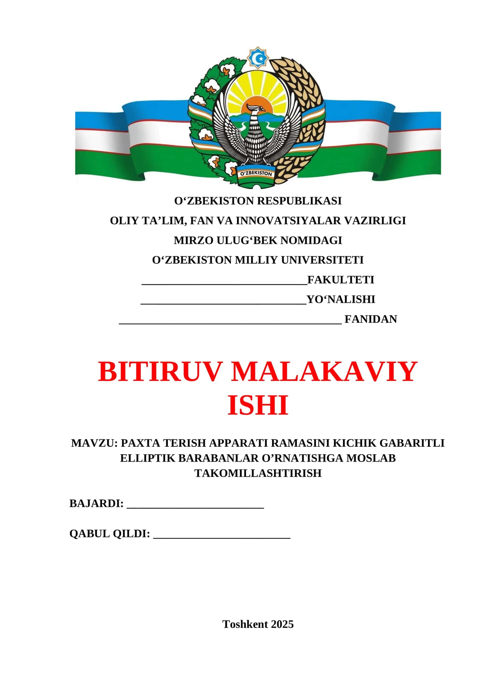 PAXTA TERISH APPARATI RAMASINI KICHIK GABARITLI ELLIPTIK BARABANLAR O’RNATISHGA MOSLAB TAKOMILLASHTIRISH