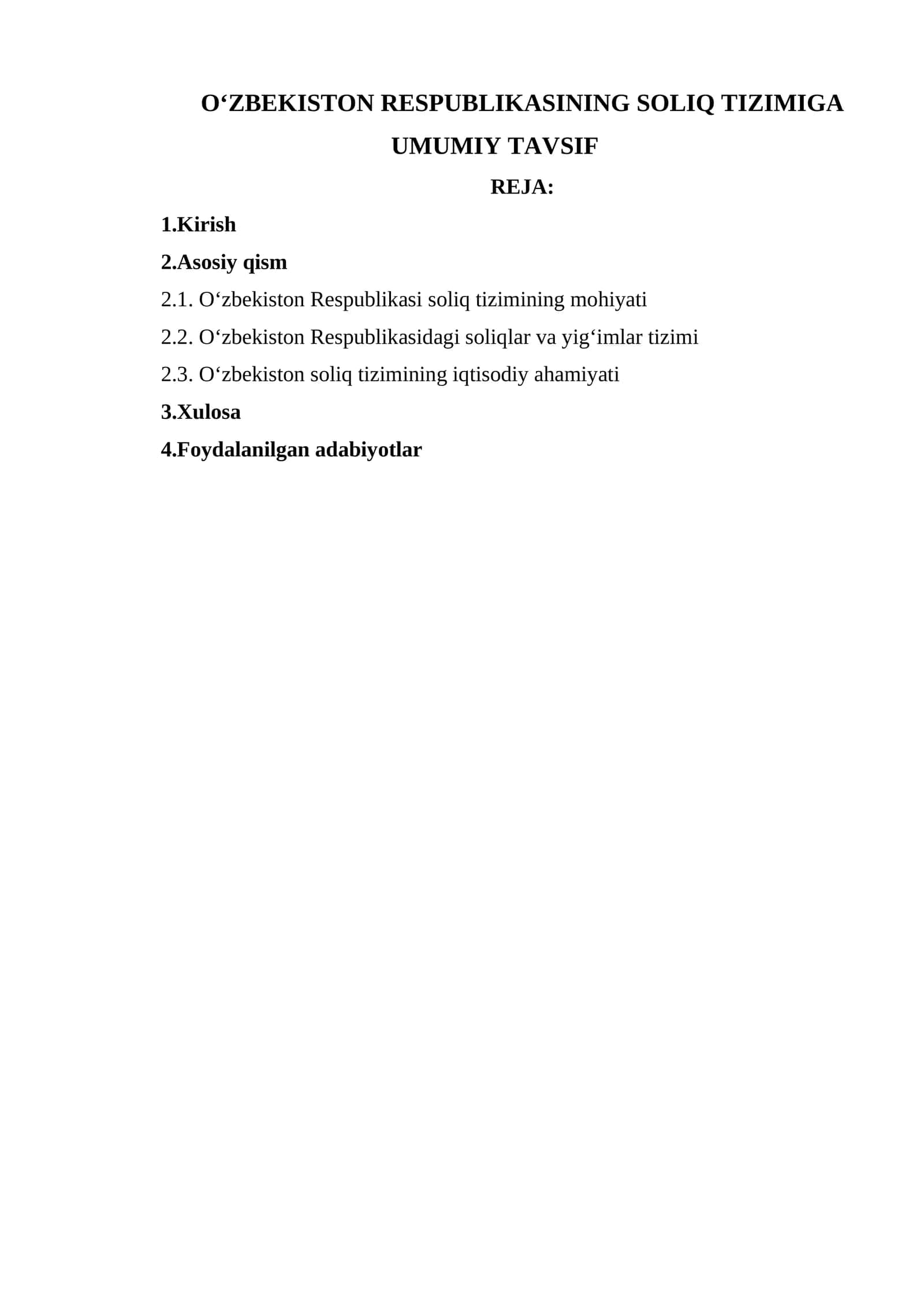 Oʻzbekiston Respublikasining soliq tizimiga umumiy tavsiy