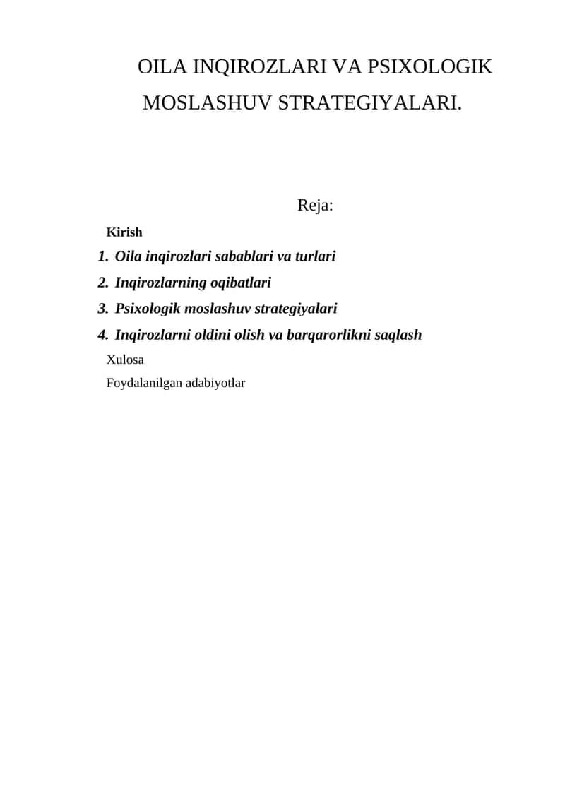 OILA INQIROZLARI VA PSIXOLOGIK MOSLASHUV STRATEGIYALARI