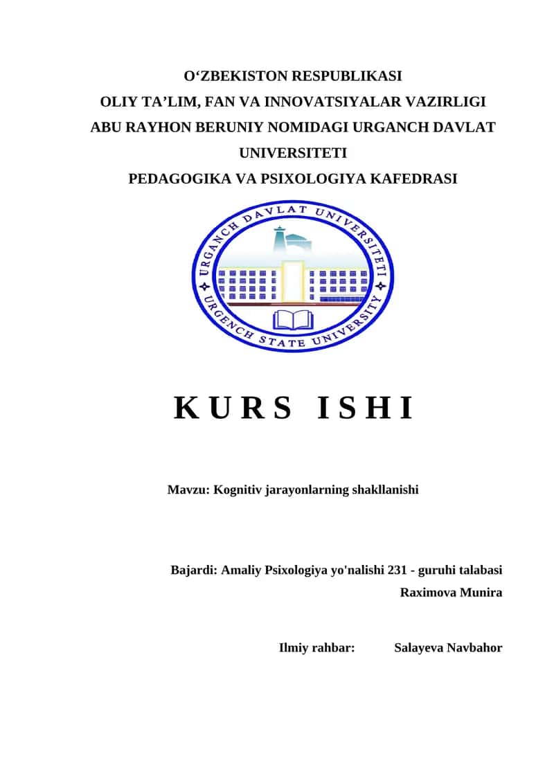 Kognitiv jarayonlarning shakllanishi kurss ishi Когнитив жарайонларни шакилланиши