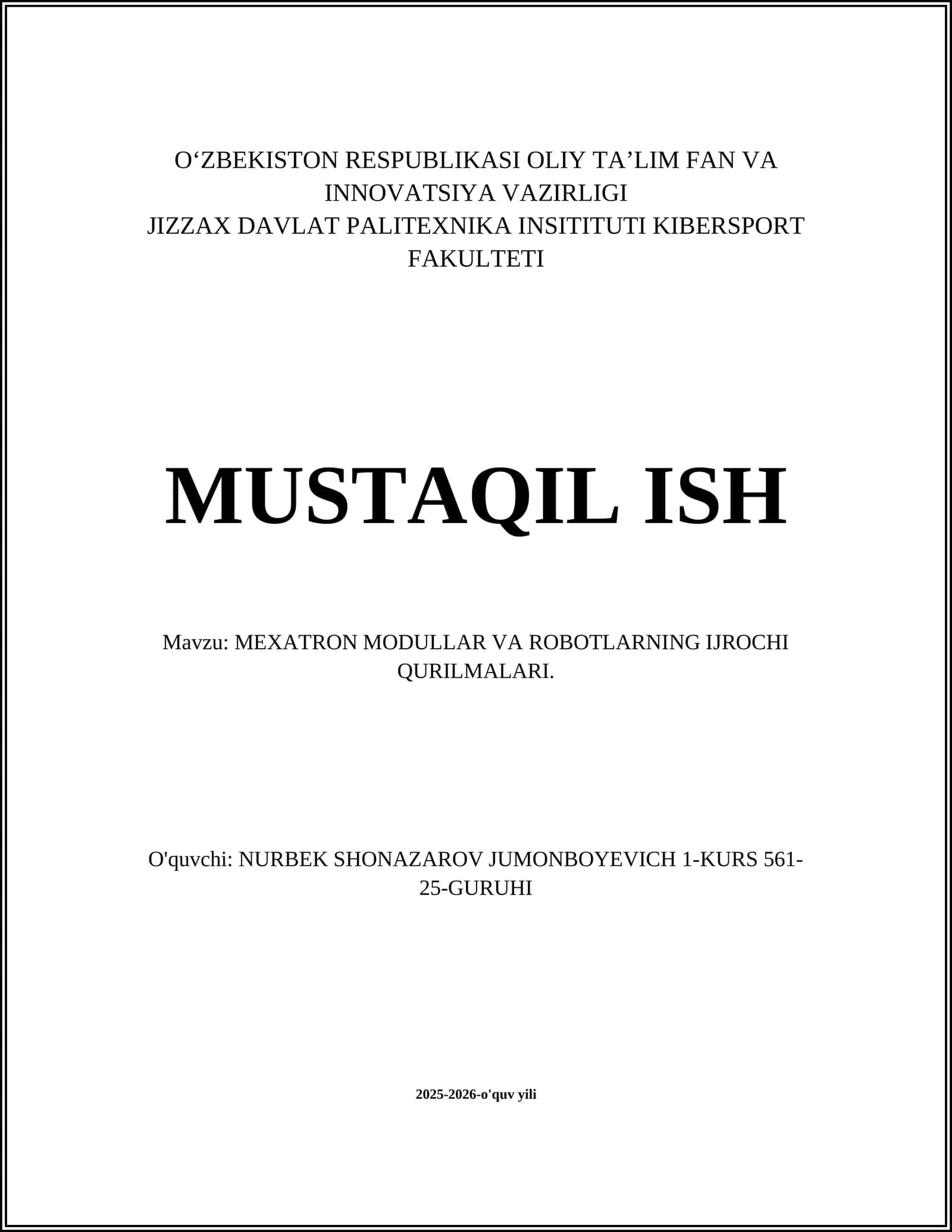 MEXATRON MODULLAR VA ROBOTLARNING IJROCHI QURILMALARI