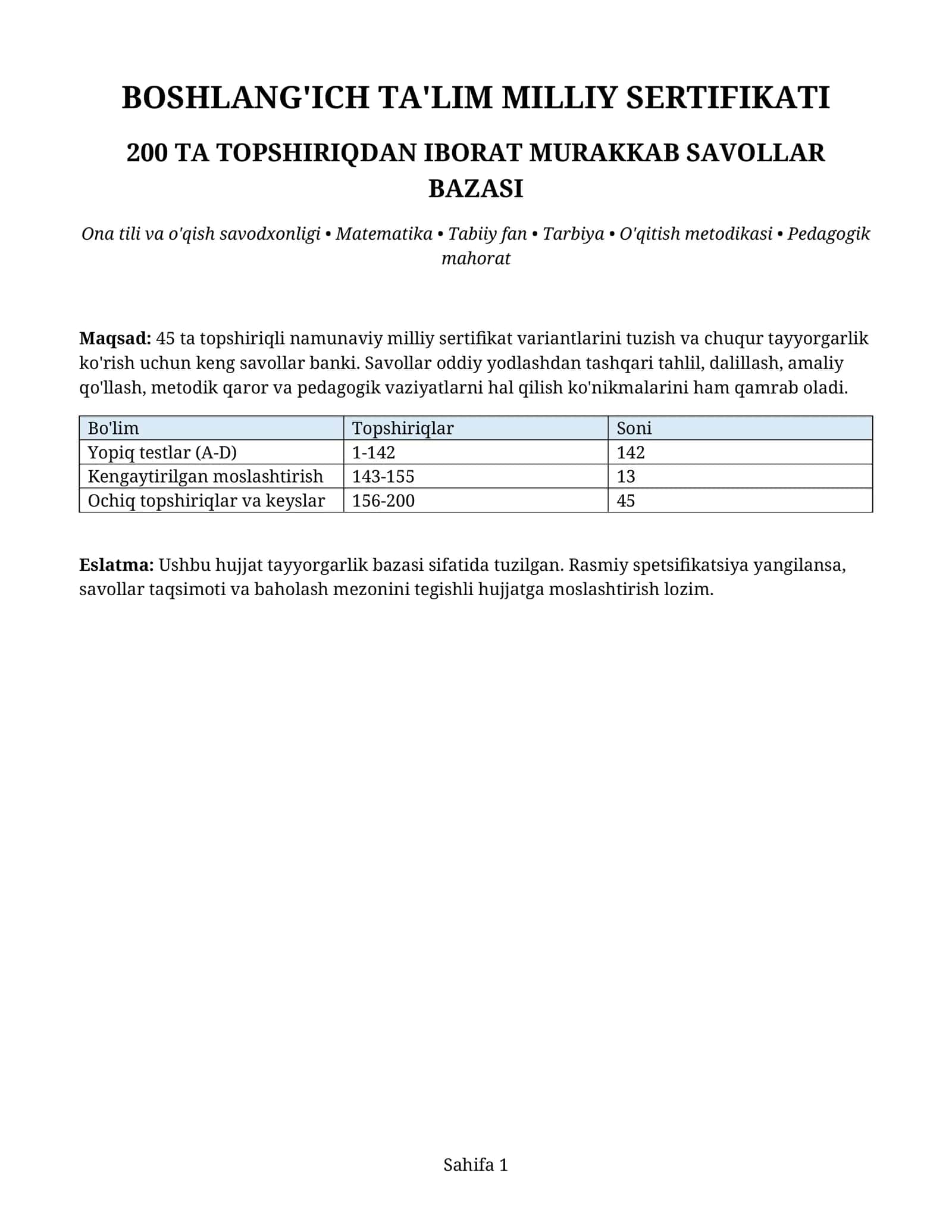 Mavzu: BOSHLANG'ICH TA'LIM MILLIY SERTIFIKATI